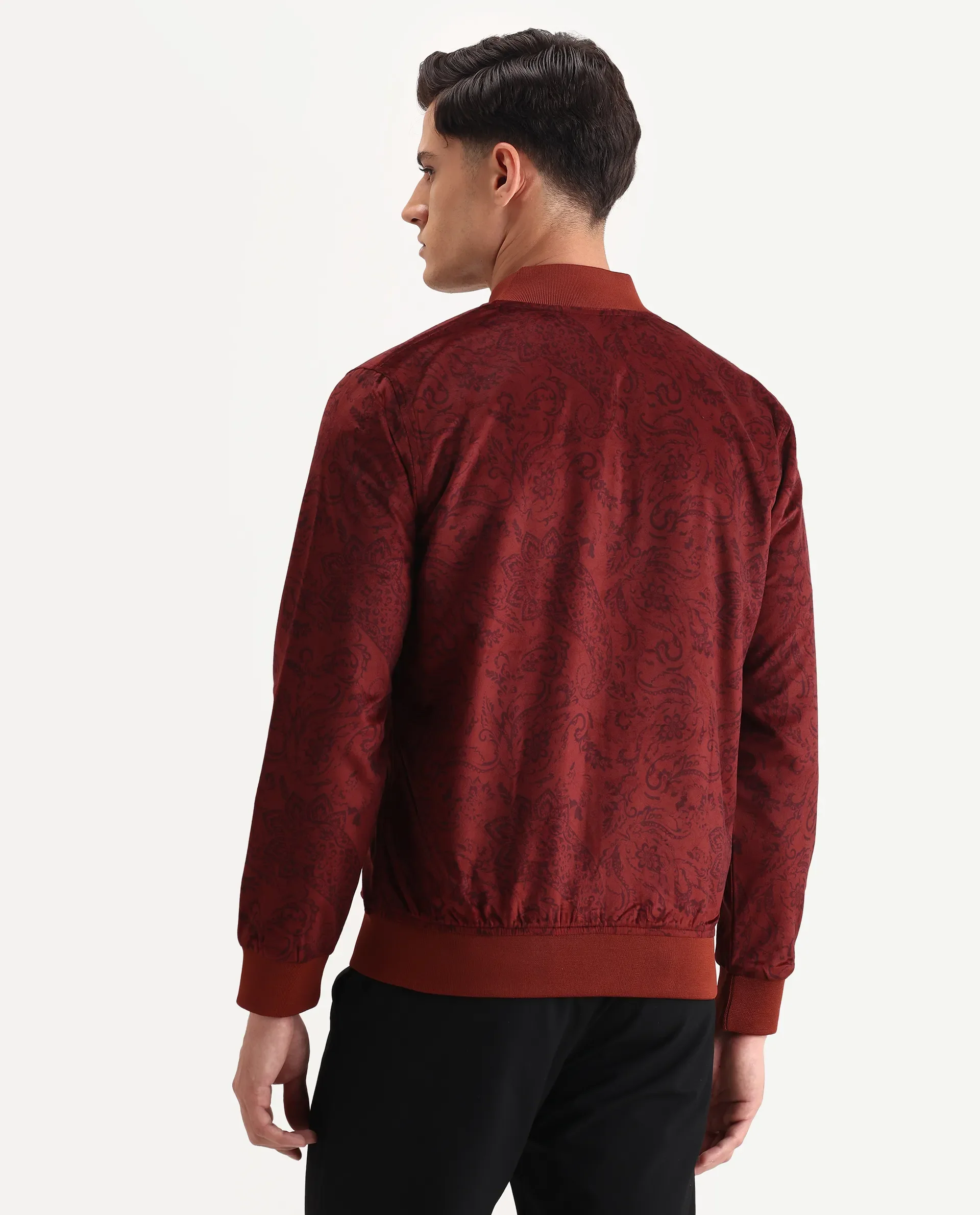 Rare Rabbit Men's Suedo Rust Polyester Fabric Mandarin Collar Regular Fit Paisley Print Jacket - Image 8