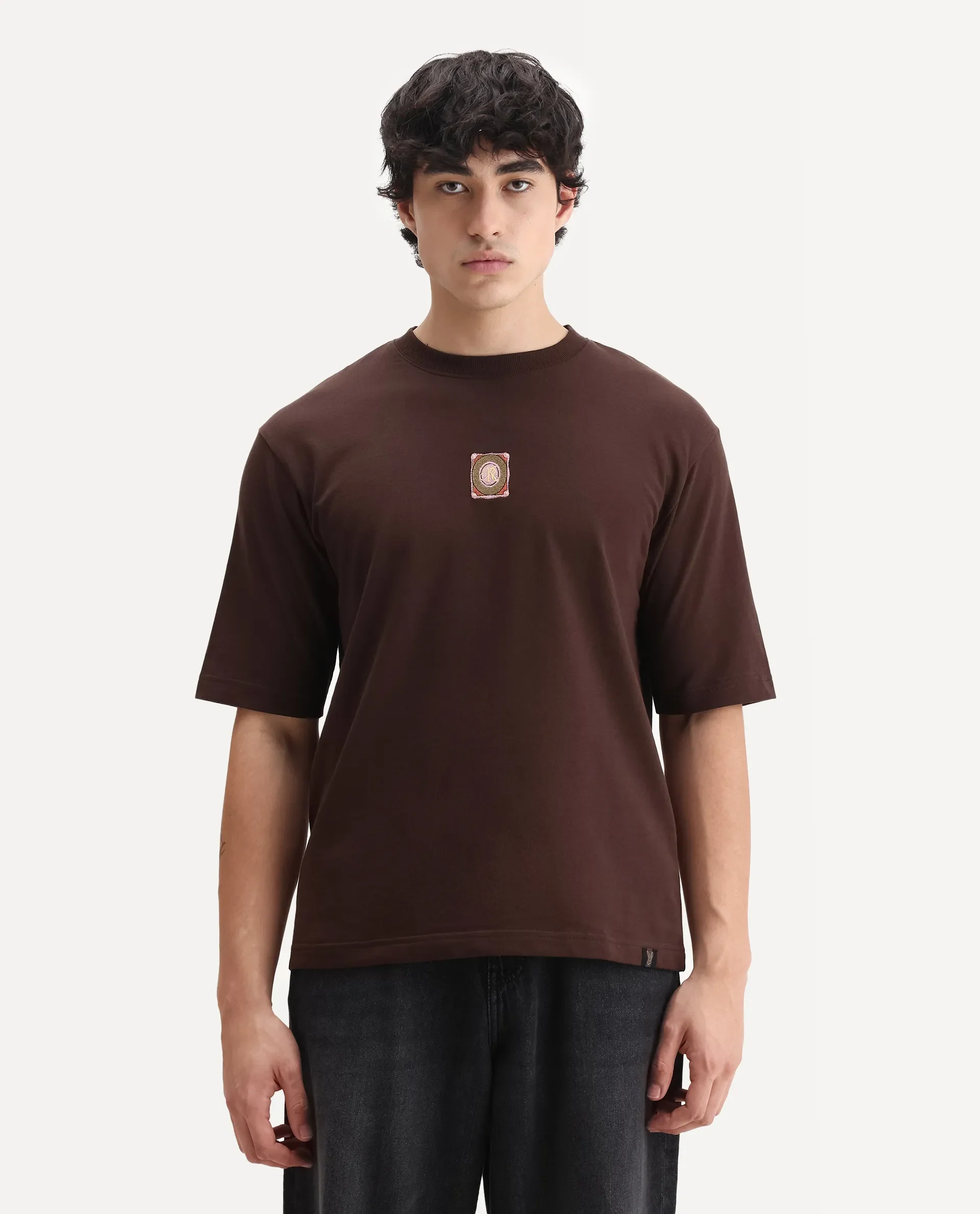 Rare Rabbit Men's Sues Brown Cotton Graphic Print Oversized Fit Half Sleeve Crew Neck T-Shirt - Image 4