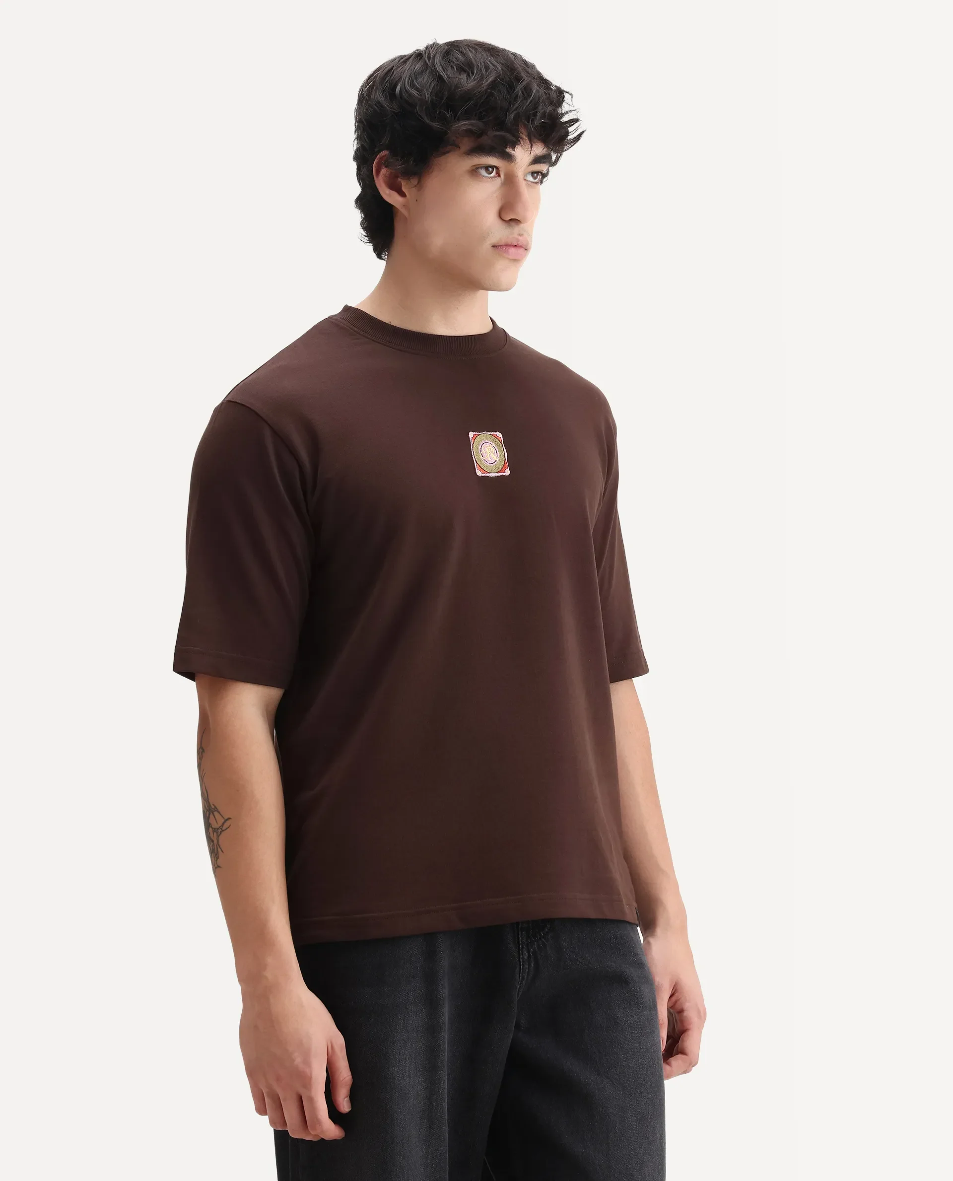 Rare Rabbit Men's Sues Brown Cotton Graphic Print Oversized Fit Half Sleeve Crew Neck T-Shirt - Image 6