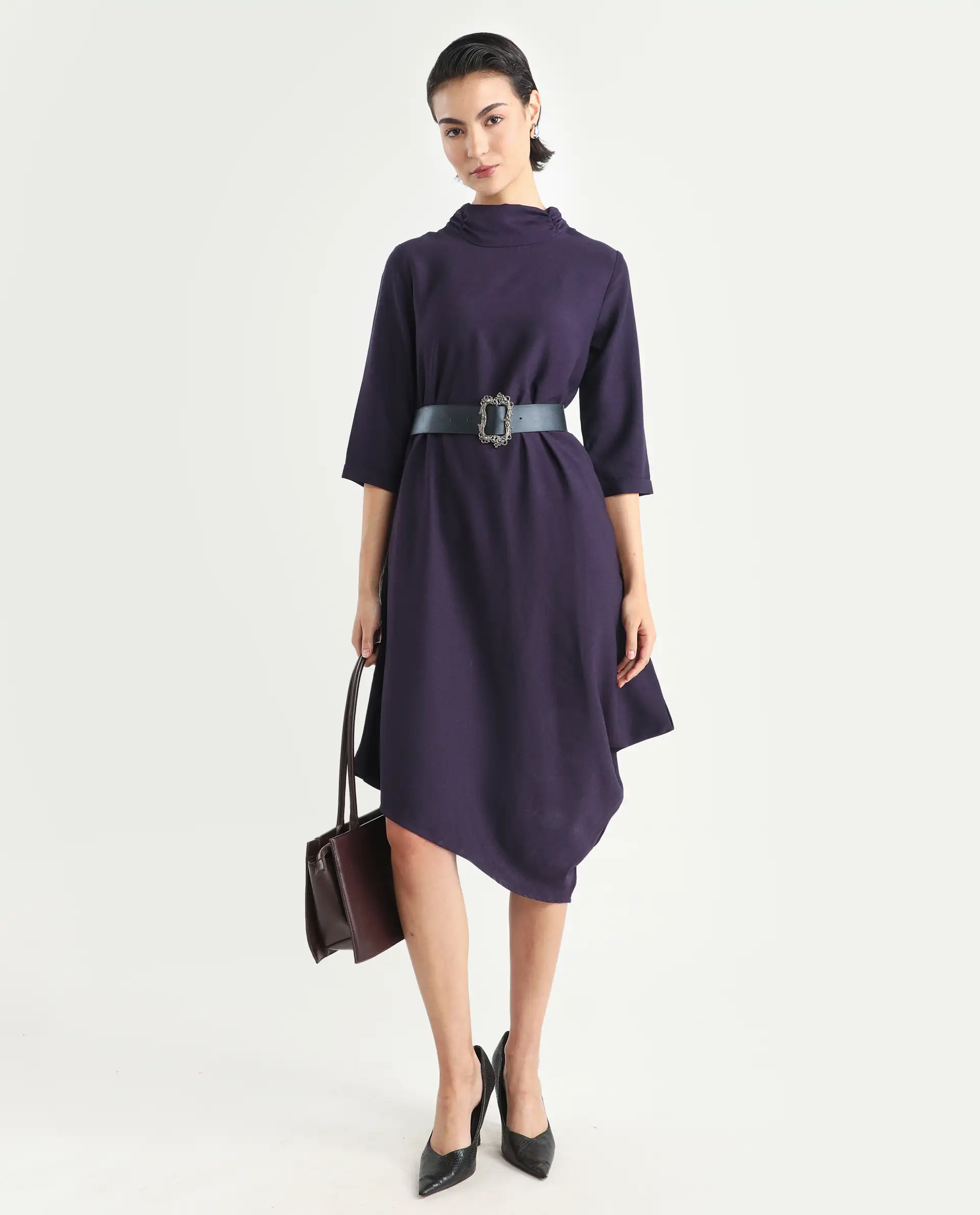 Rareism Women's Sullivan Purple Polyester High Neck Plain Knee Length Regular Fit Dress - Image 2