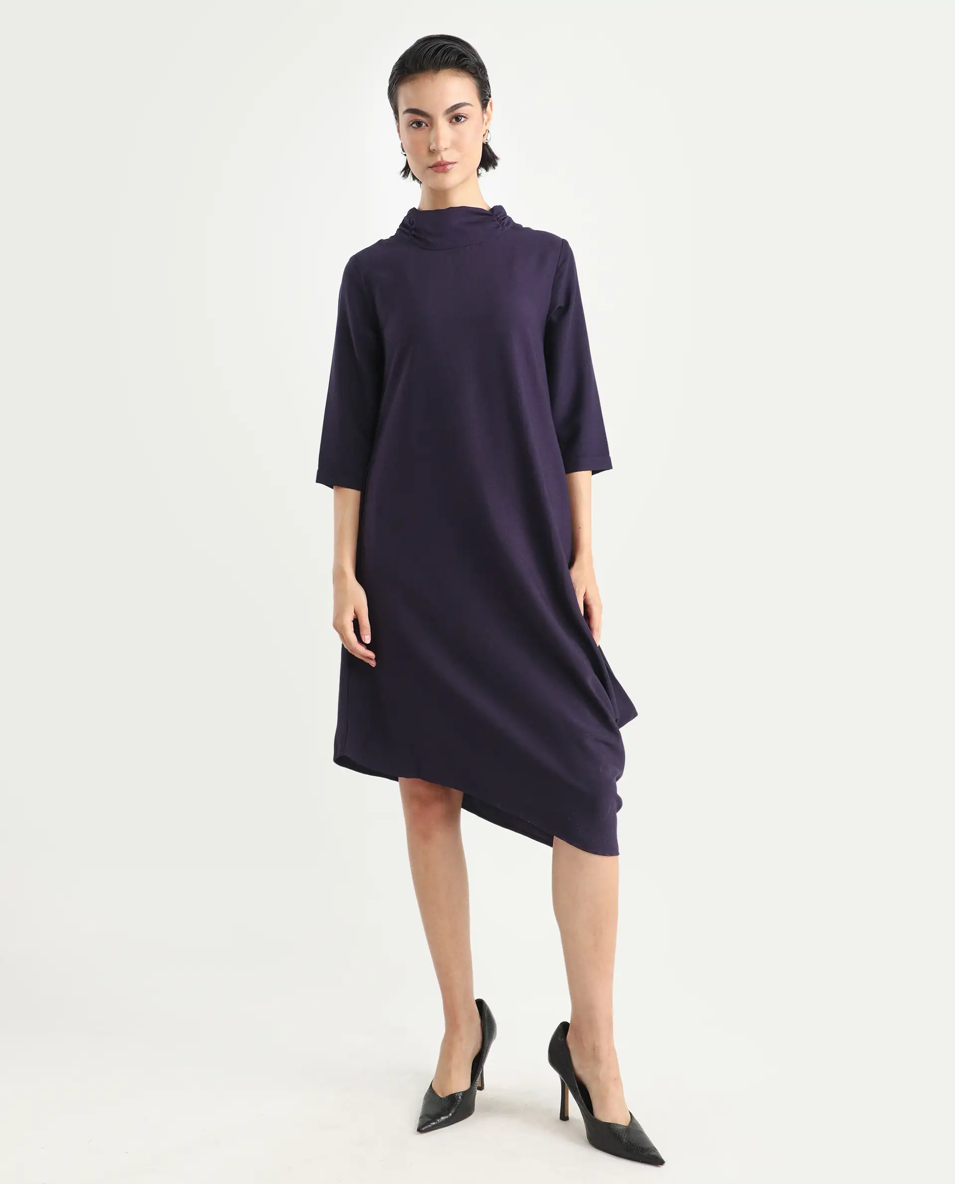 Rareism Women's Sullivan Purple Polyester High Neck Plain Knee Length Regular Fit Dress - Image 3