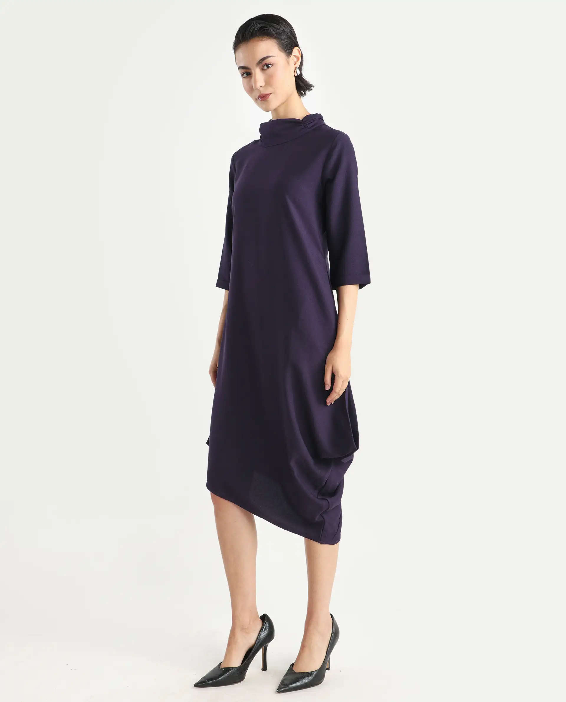 Rareism Women's Sullivan Purple Polyester High Neck Plain Knee Length Regular Fit Dress - Image 6