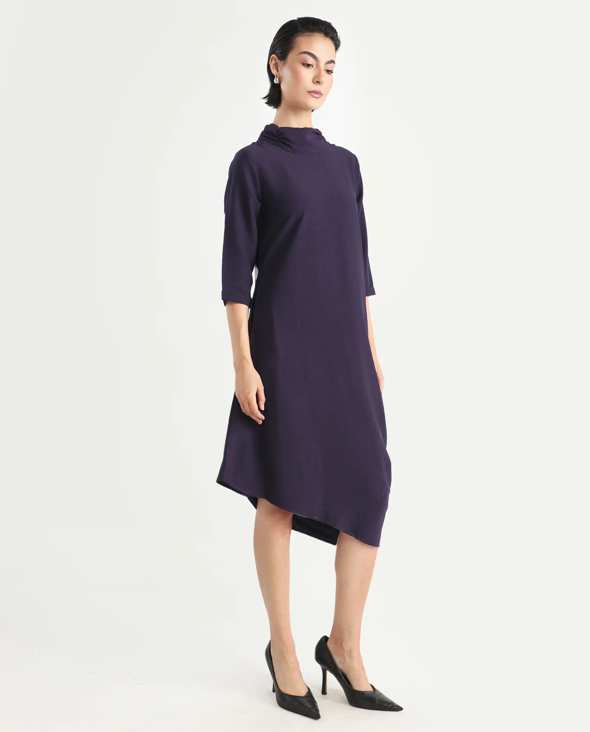 Rareism Women's Sullivan Purple Polyester High Neck Plain Knee Length Regular Fit Dress - Image 7