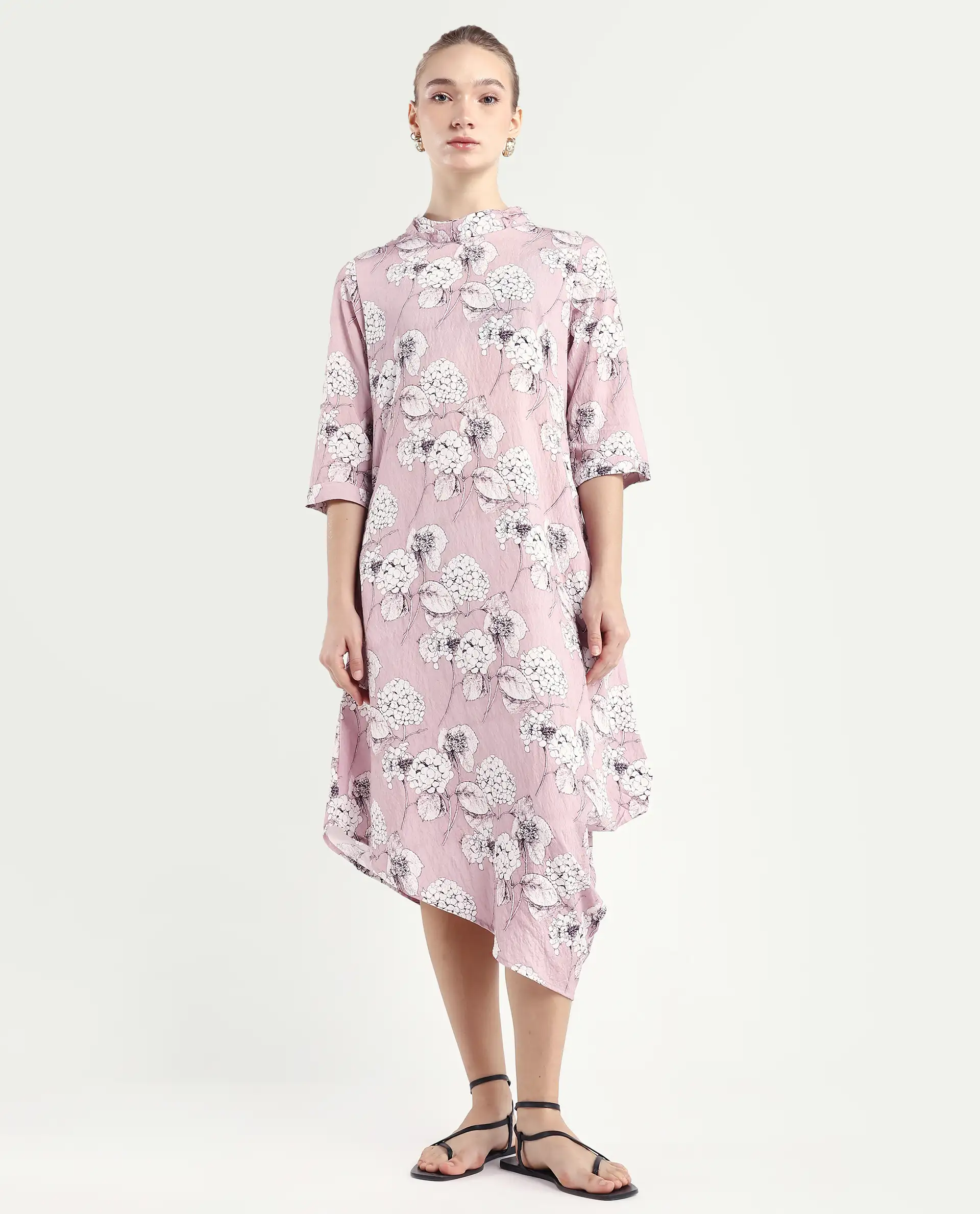 Rareism Women's Sullivio Dusky Pink Nylon Blend High Neck Floral Print Midi Relaxed Fit Dress - Image 2