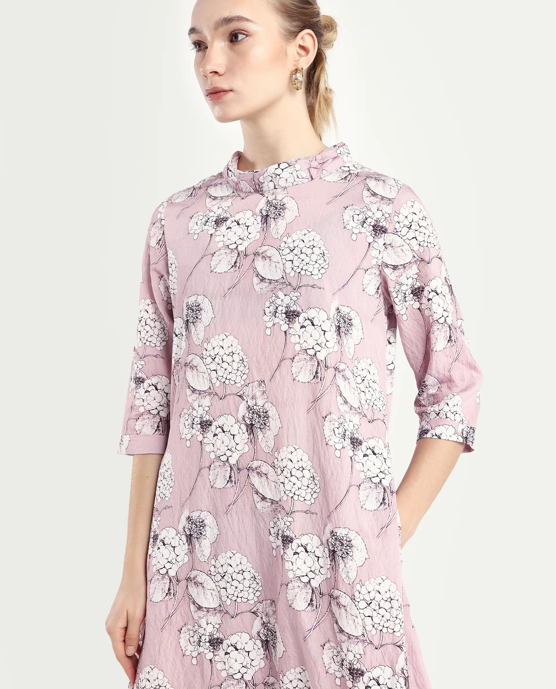 Rareism Women's Sullivio Dusky Pink Nylon Blend High Neck Floral Print Midi Relaxed Fit Dress - Image 3