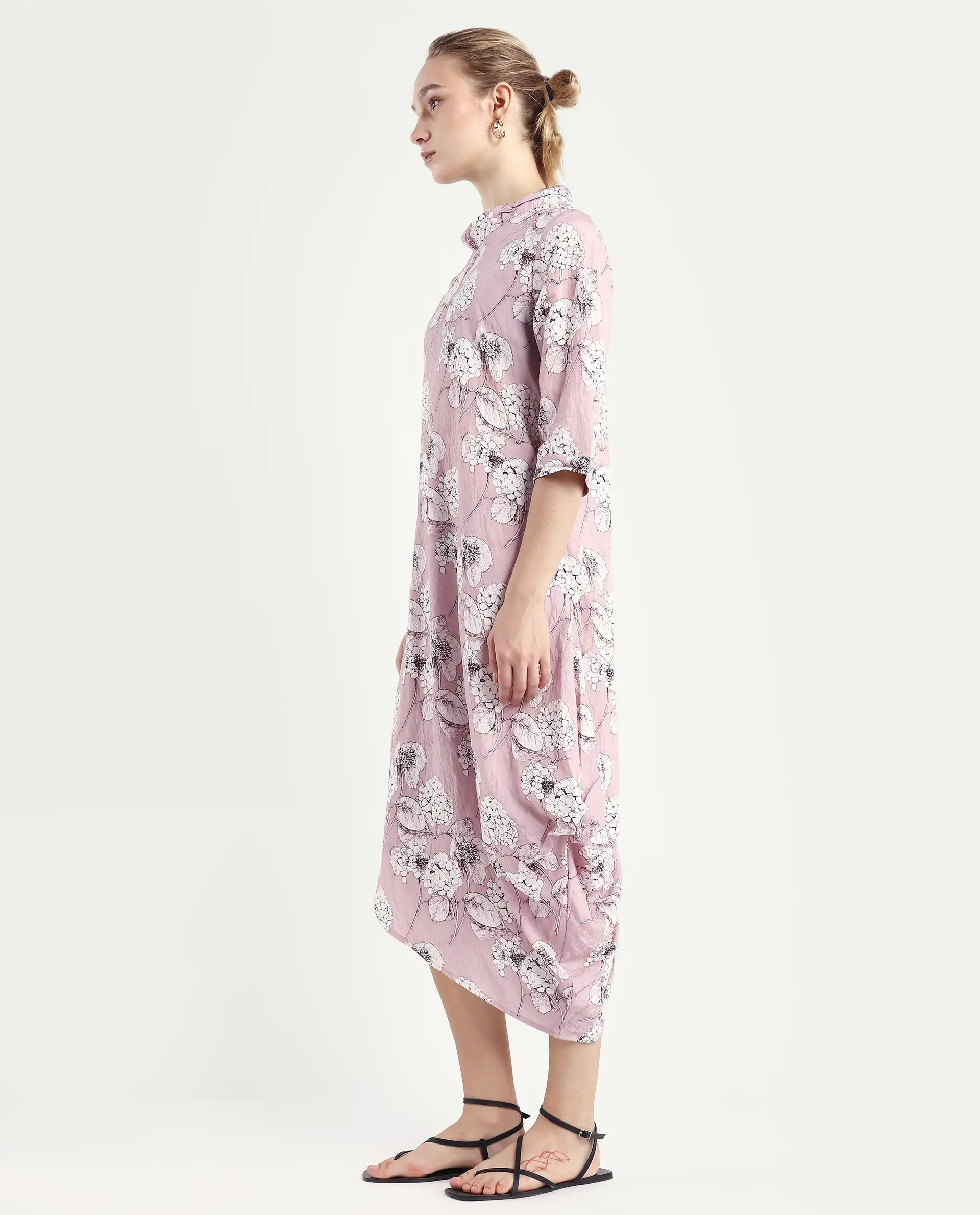 Rareism Women's Sullivio Dusky Pink Nylon Blend High Neck Floral Print Midi Relaxed Fit Dress - Image 5