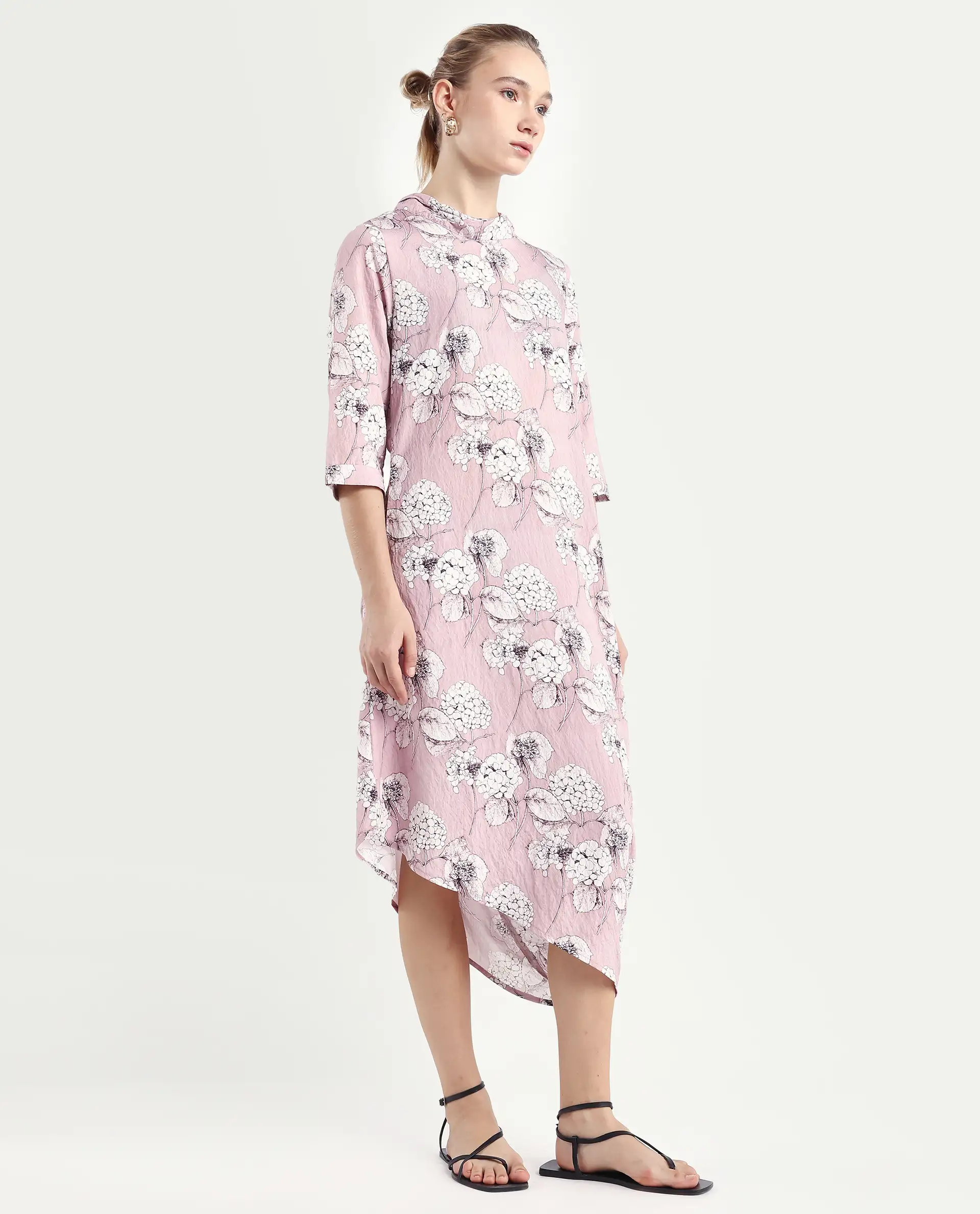 Rareism Women's Sullivio Dusky Pink Nylon Blend High Neck Floral Print Midi Relaxed Fit Dress - Image 6