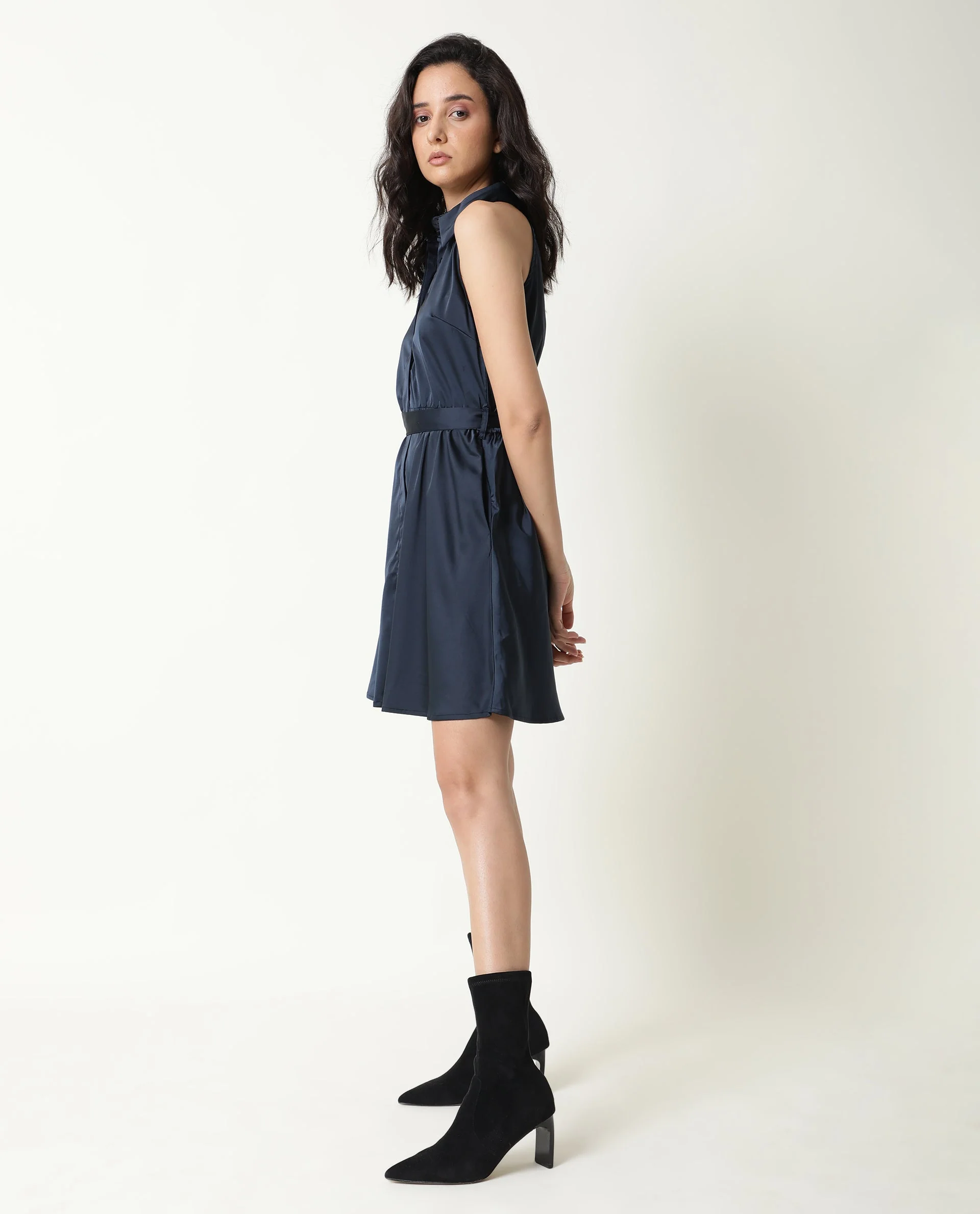 Rareism Women's Sulphur Navy Modal Blend Halter Neck Plain Sleeveless Mini Regular Fit Dress - Image 10
