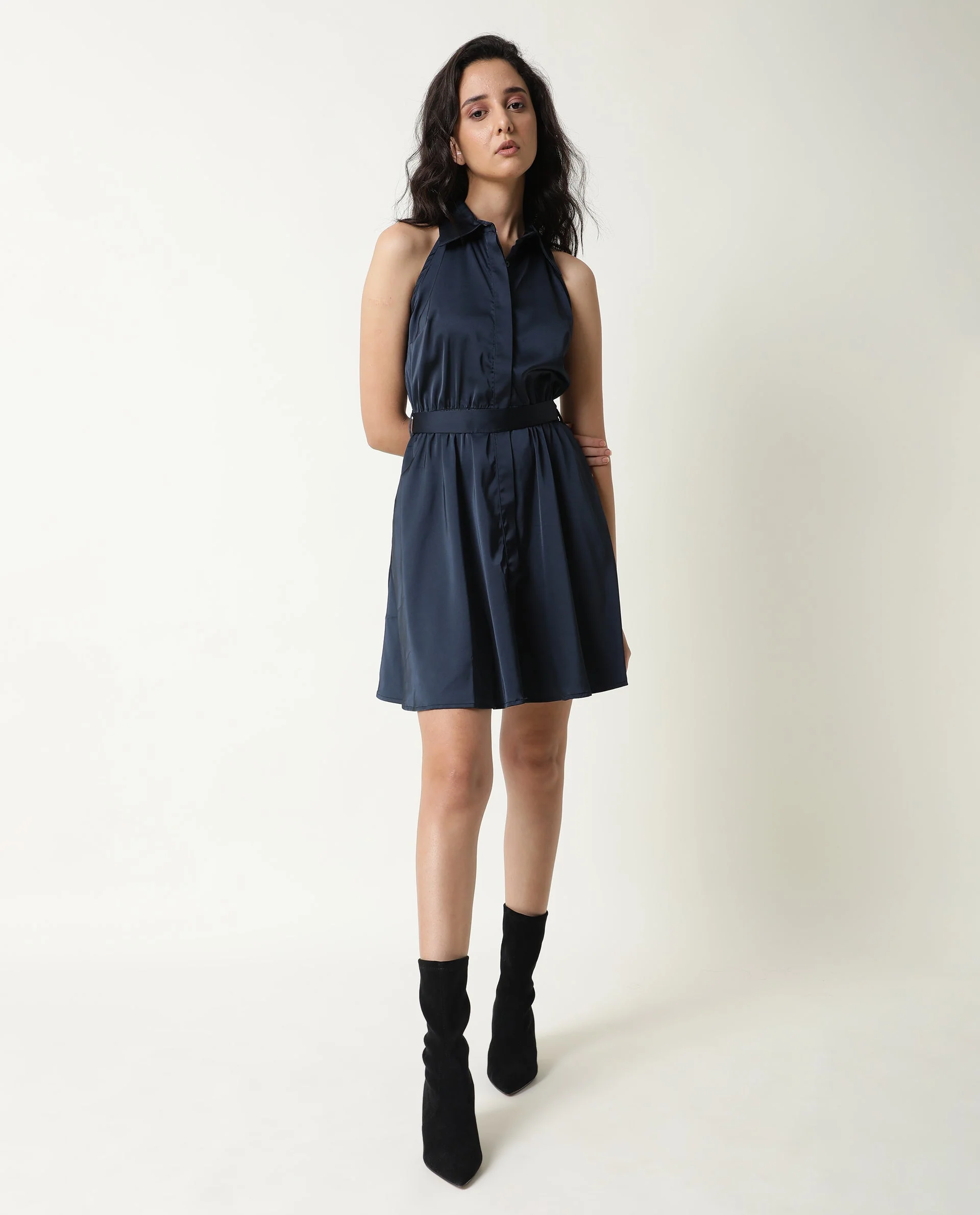 Rareism Women's Sulphur Navy Modal Blend Halter Neck Plain Sleeveless Mini Regular Fit Dress - Image 11