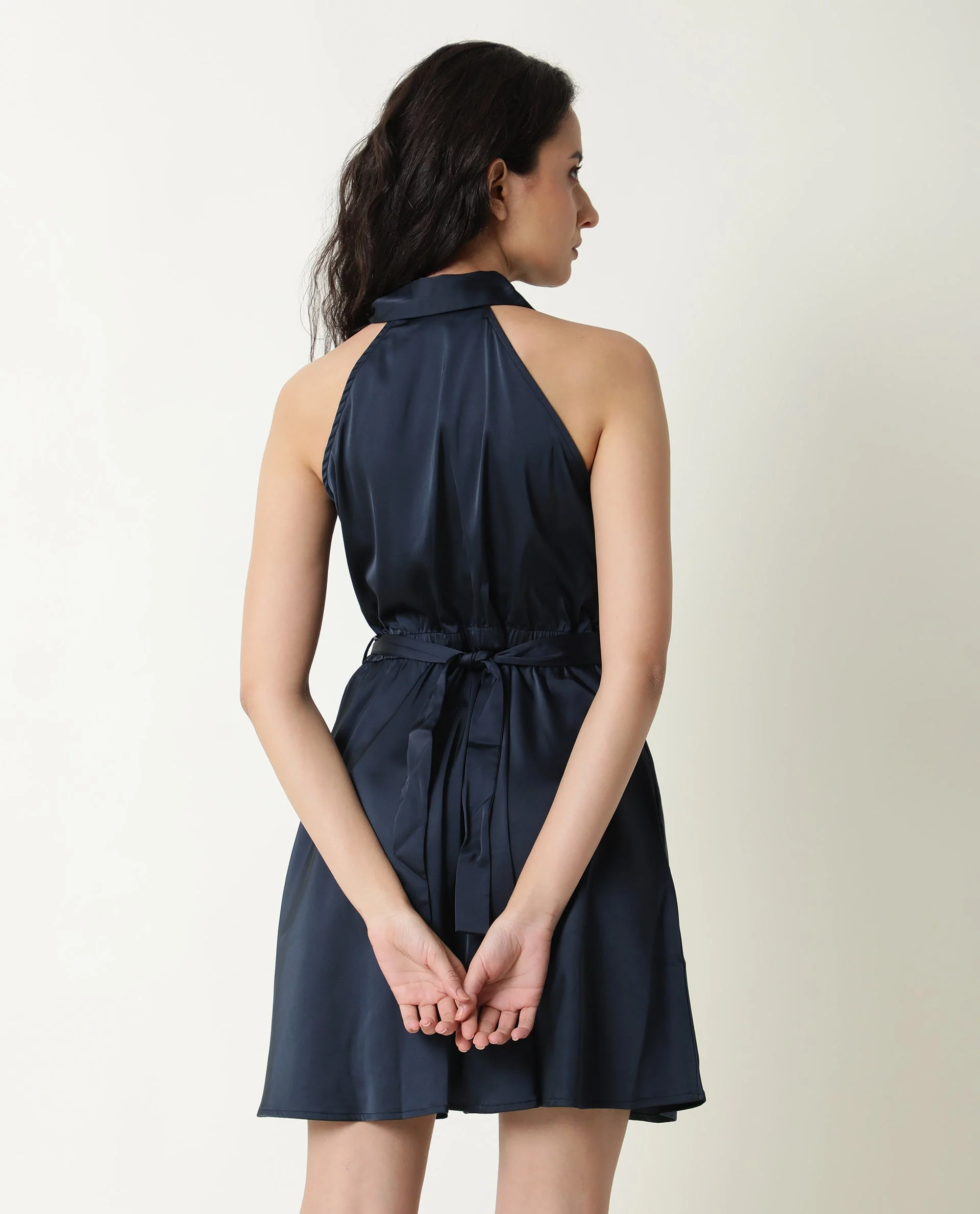 Rareism Women's Sulphur Navy Modal Blend Halter Neck Plain Sleeveless Mini Regular Fit Dress - Image 12