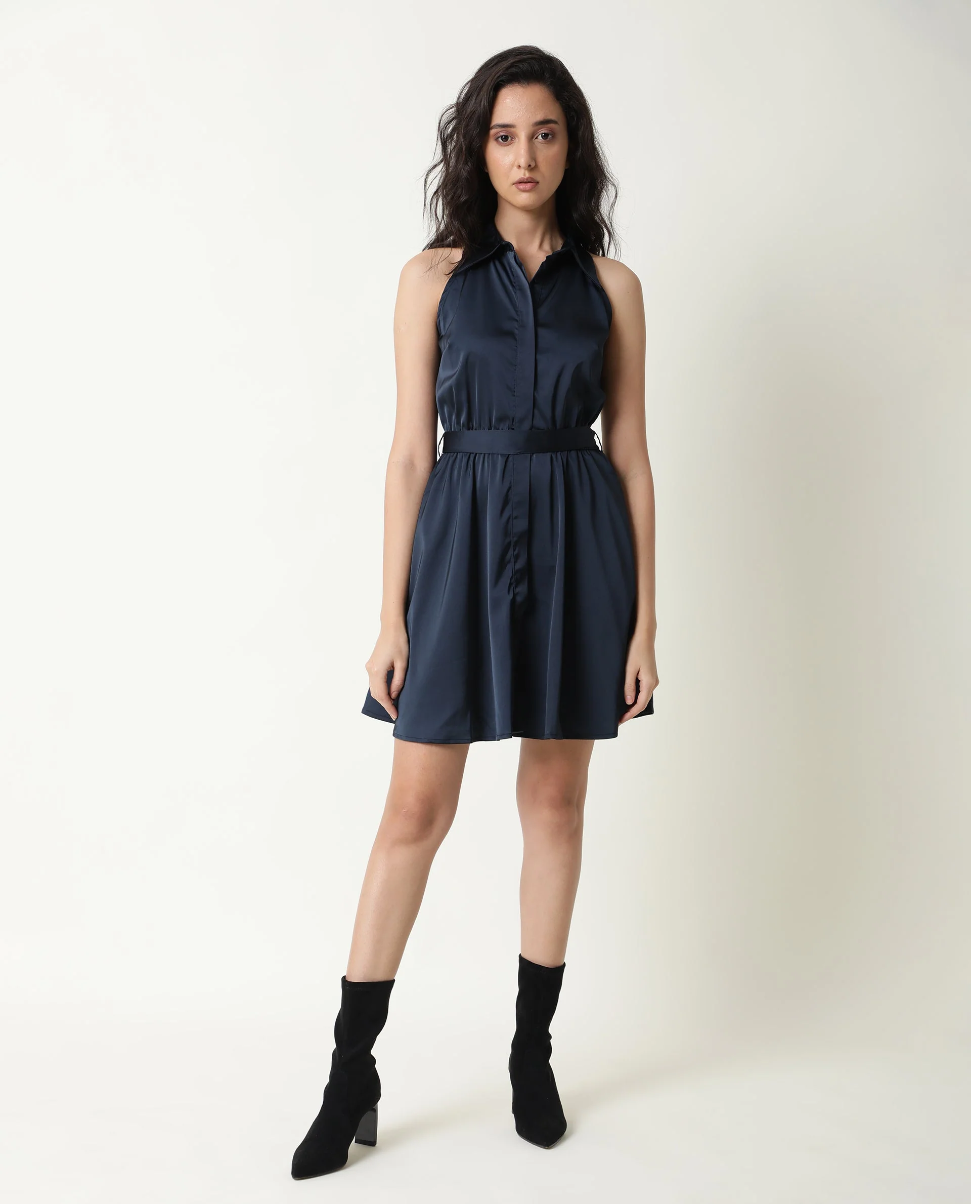 Rareism Women's Sulphur Navy Modal Blend Halter Neck Plain Sleeveless Mini Regular Fit Dress - Image 2
