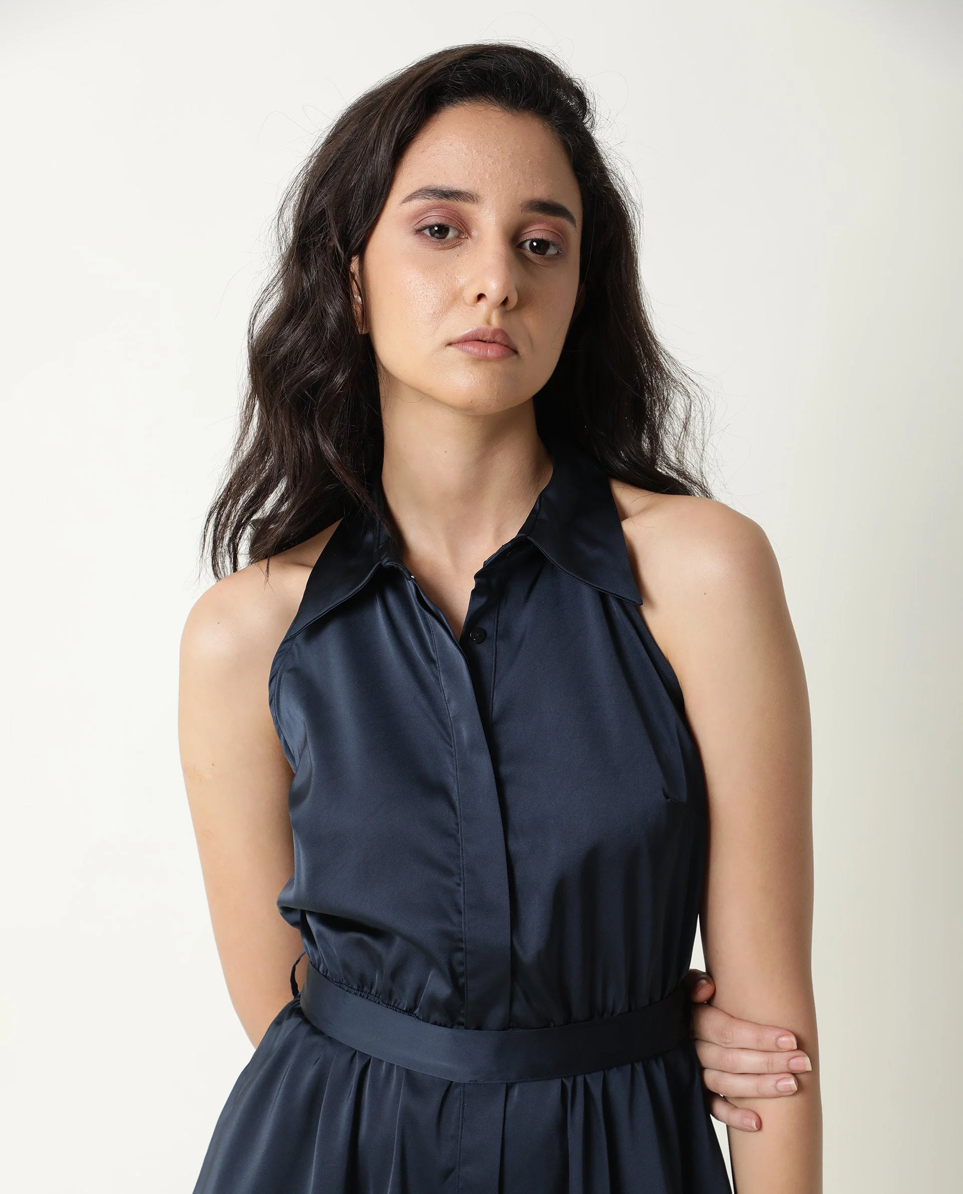 Rareism Women's Sulphur Navy Modal Blend Halter Neck Plain Sleeveless Mini Regular Fit Dress - Image 3