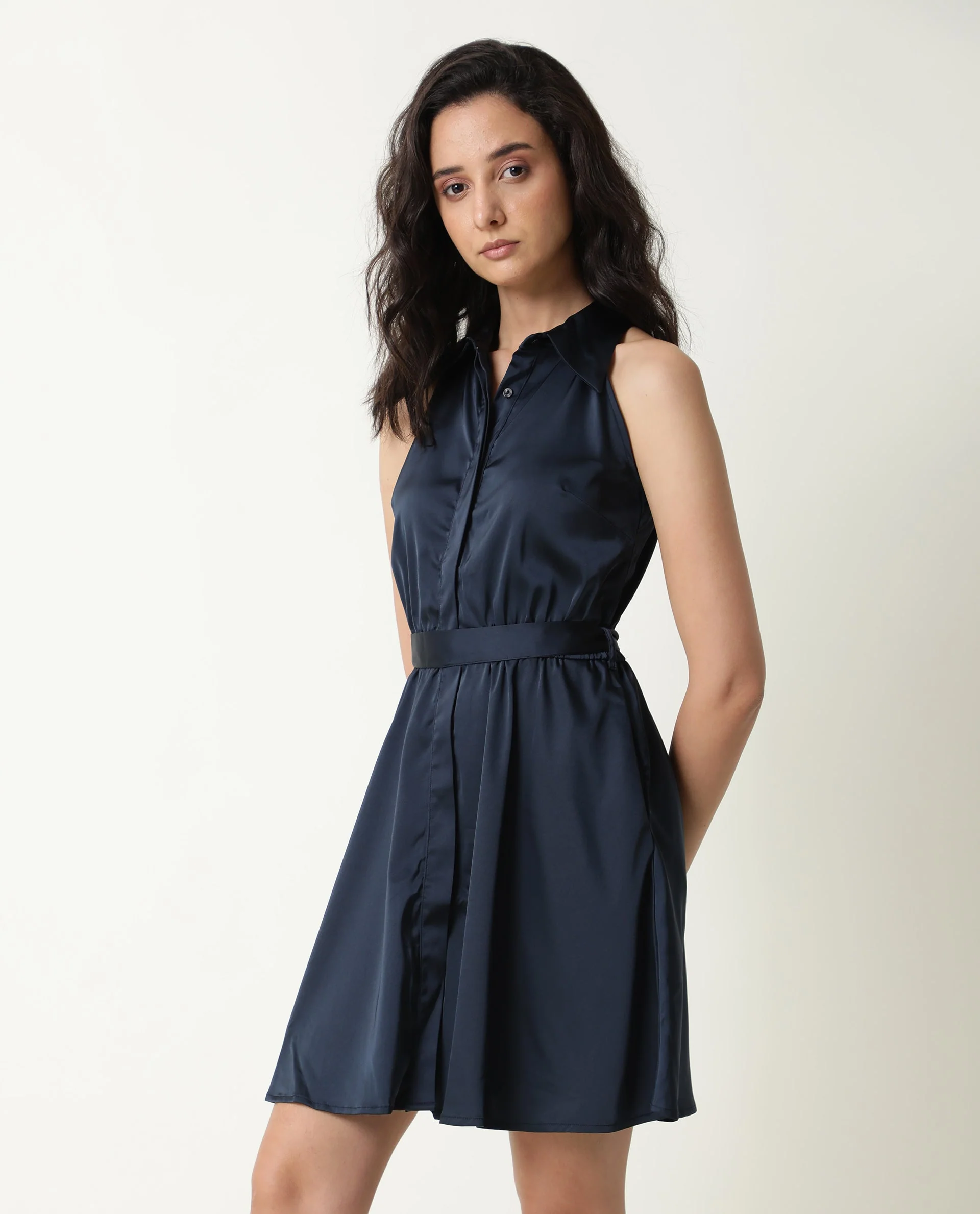 Rareism Women's Sulphur Navy Modal Blend Halter Neck Plain Sleeveless Mini Regular Fit Dress - Image 4