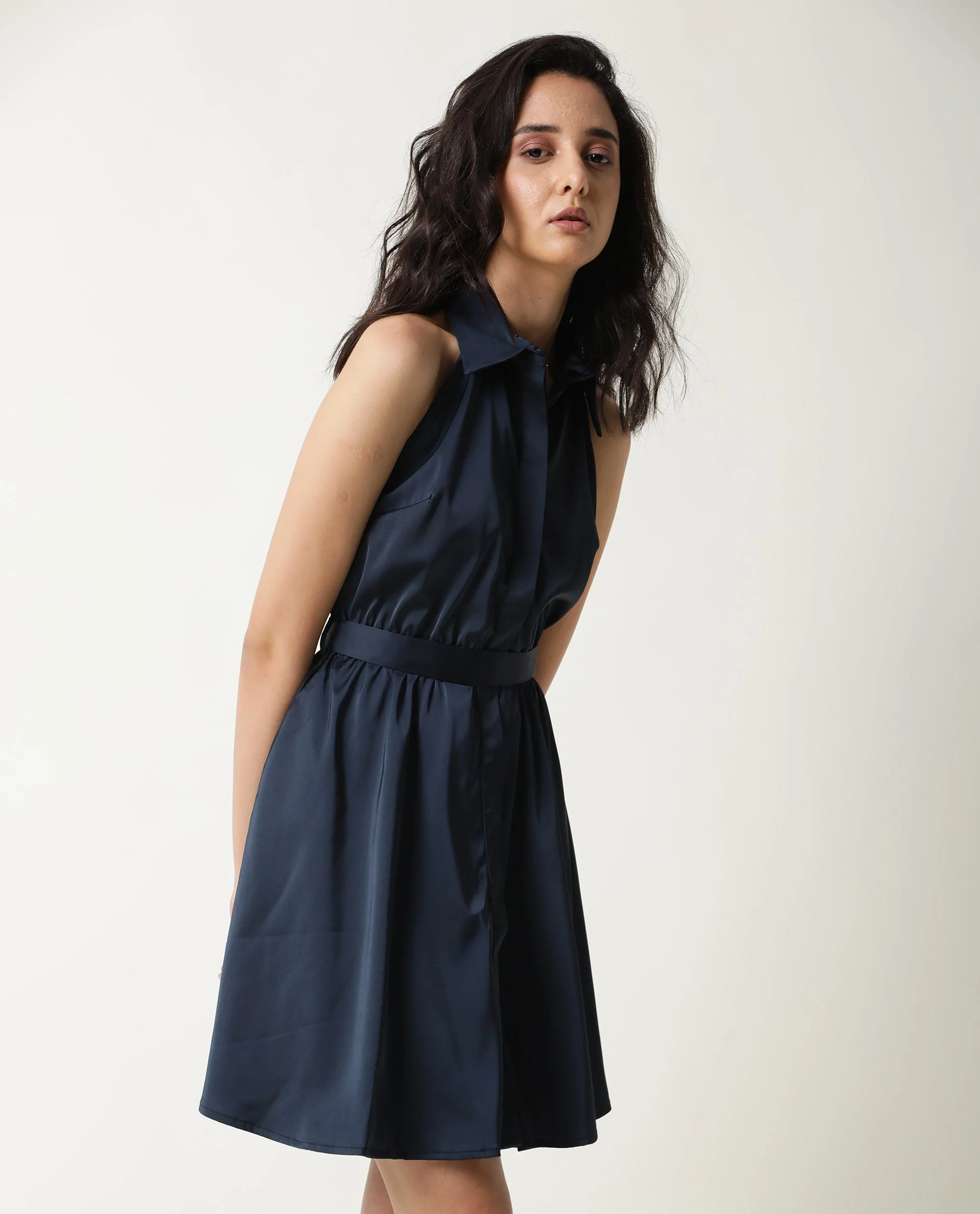 Rareism Women's Sulphur Navy Modal Blend Halter Neck Plain Sleeveless Mini Regular Fit Dress - Image 5
