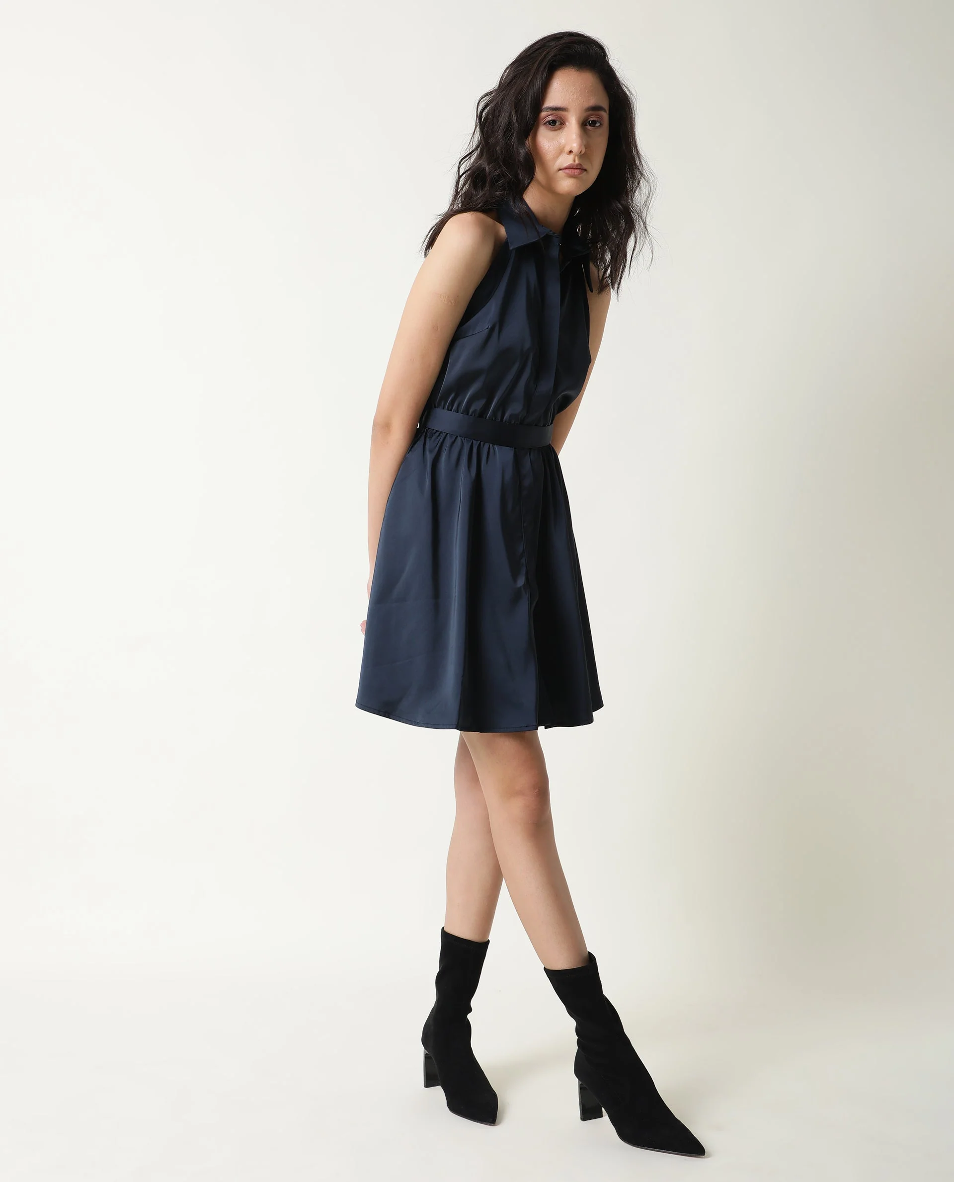 Rareism Women's Sulphur Navy Modal Blend Halter Neck Plain Sleeveless Mini Regular Fit Dress - Image 6