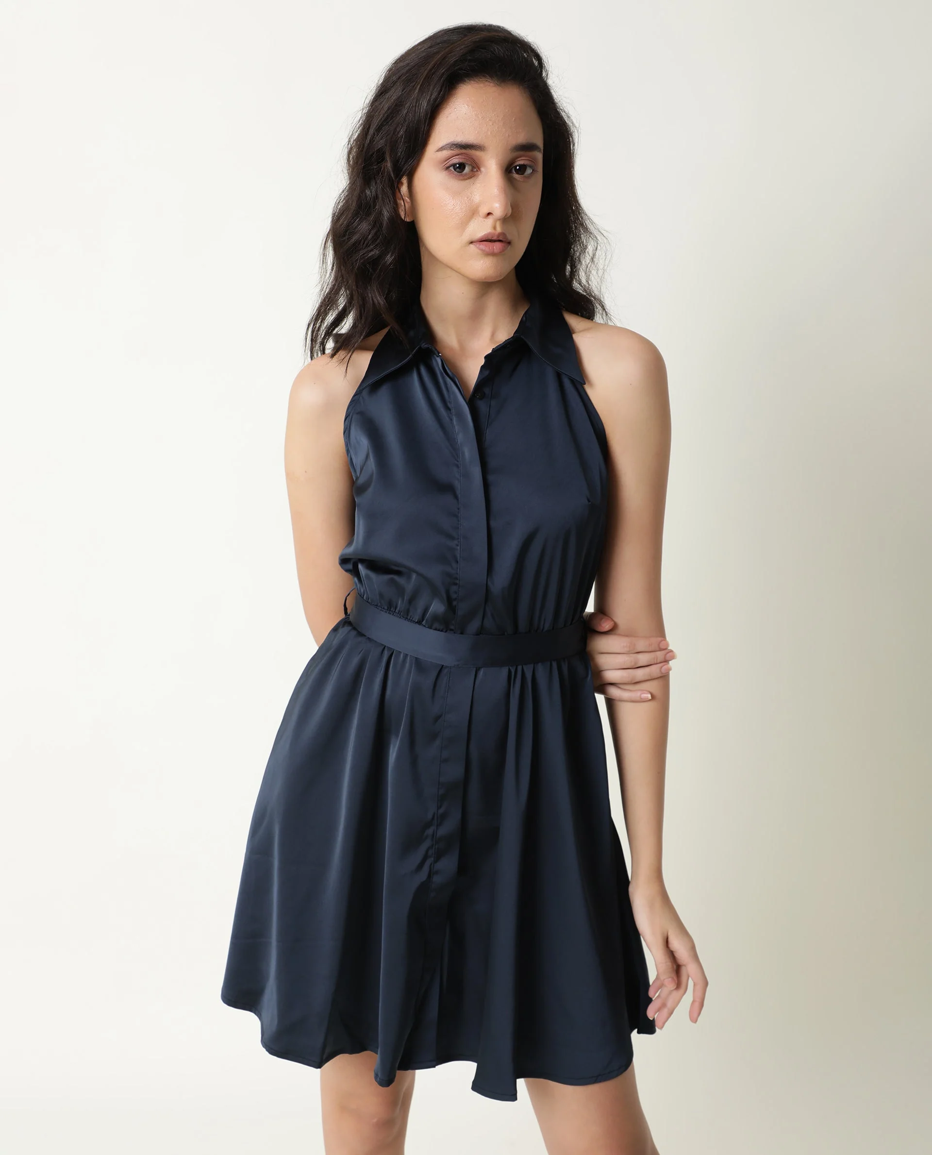 Rareism Women's Sulphur Navy Modal Blend Halter Neck Plain Sleeveless Mini Regular Fit Dress - Image 7