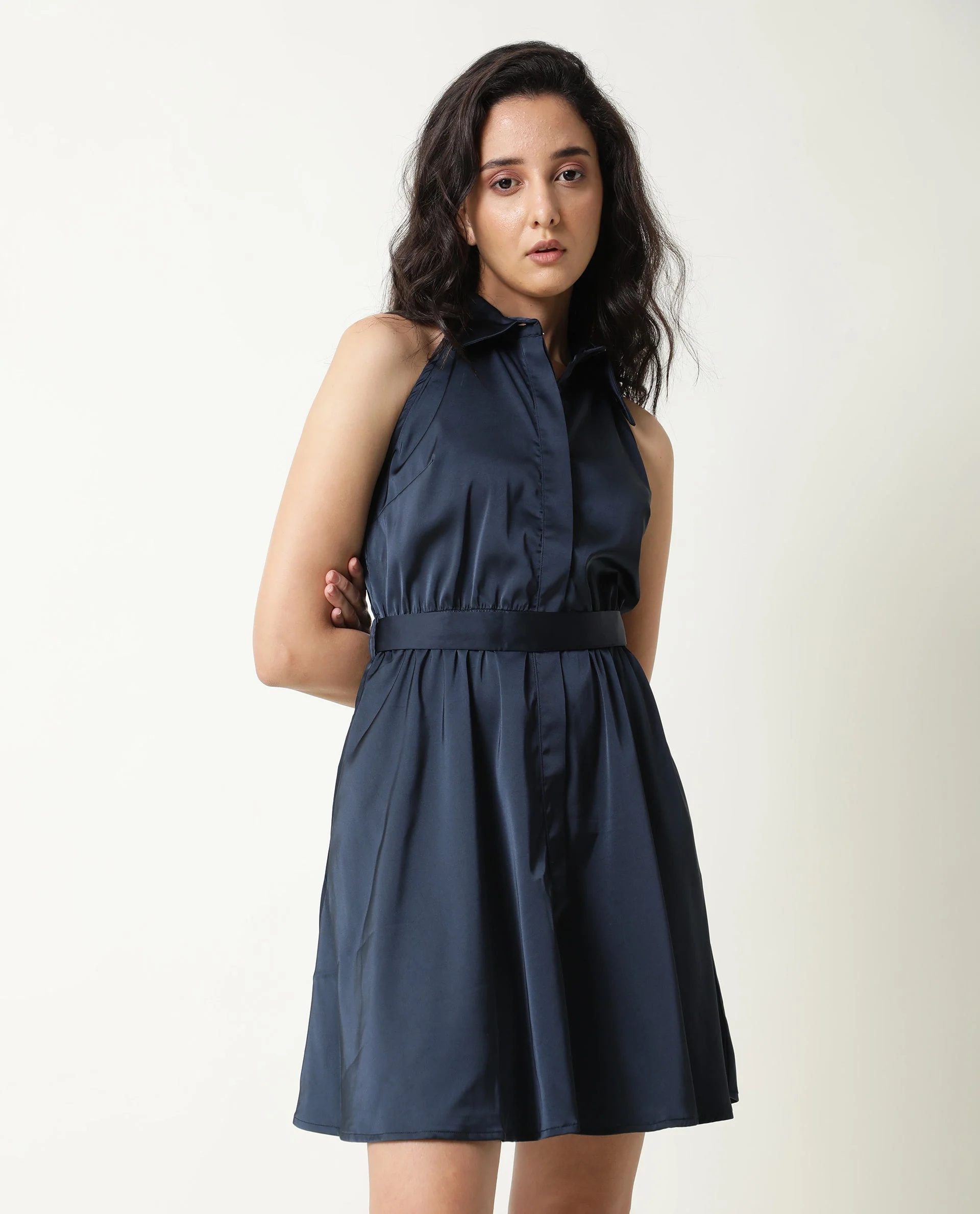 Rareism Women's Sulphur Navy Modal Blend Halter Neck Plain Sleeveless Mini Regular Fit Dress - Image 8