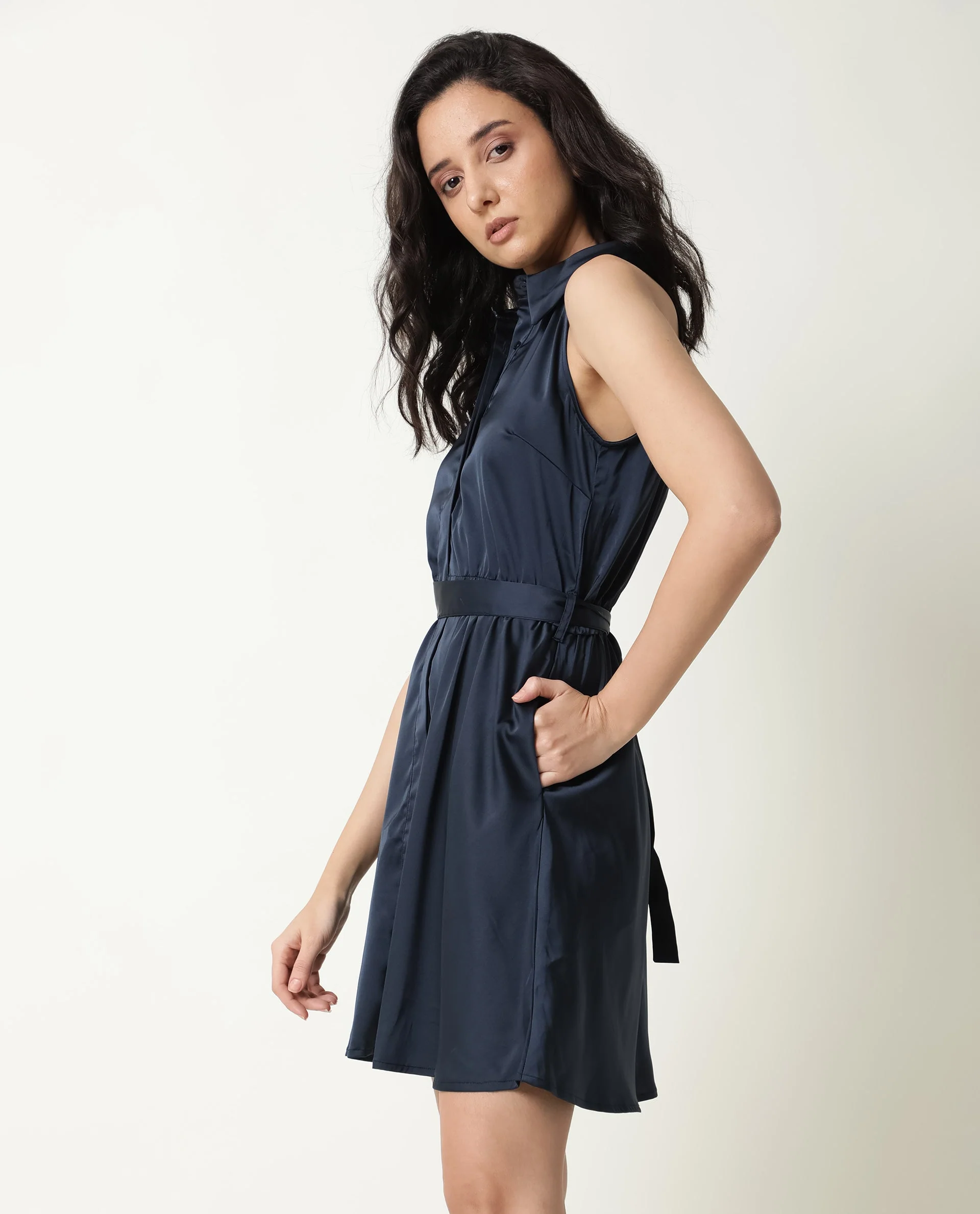 Rareism Women's Sulphur Navy Modal Blend Halter Neck Plain Sleeveless Mini Regular Fit Dress - Image 9