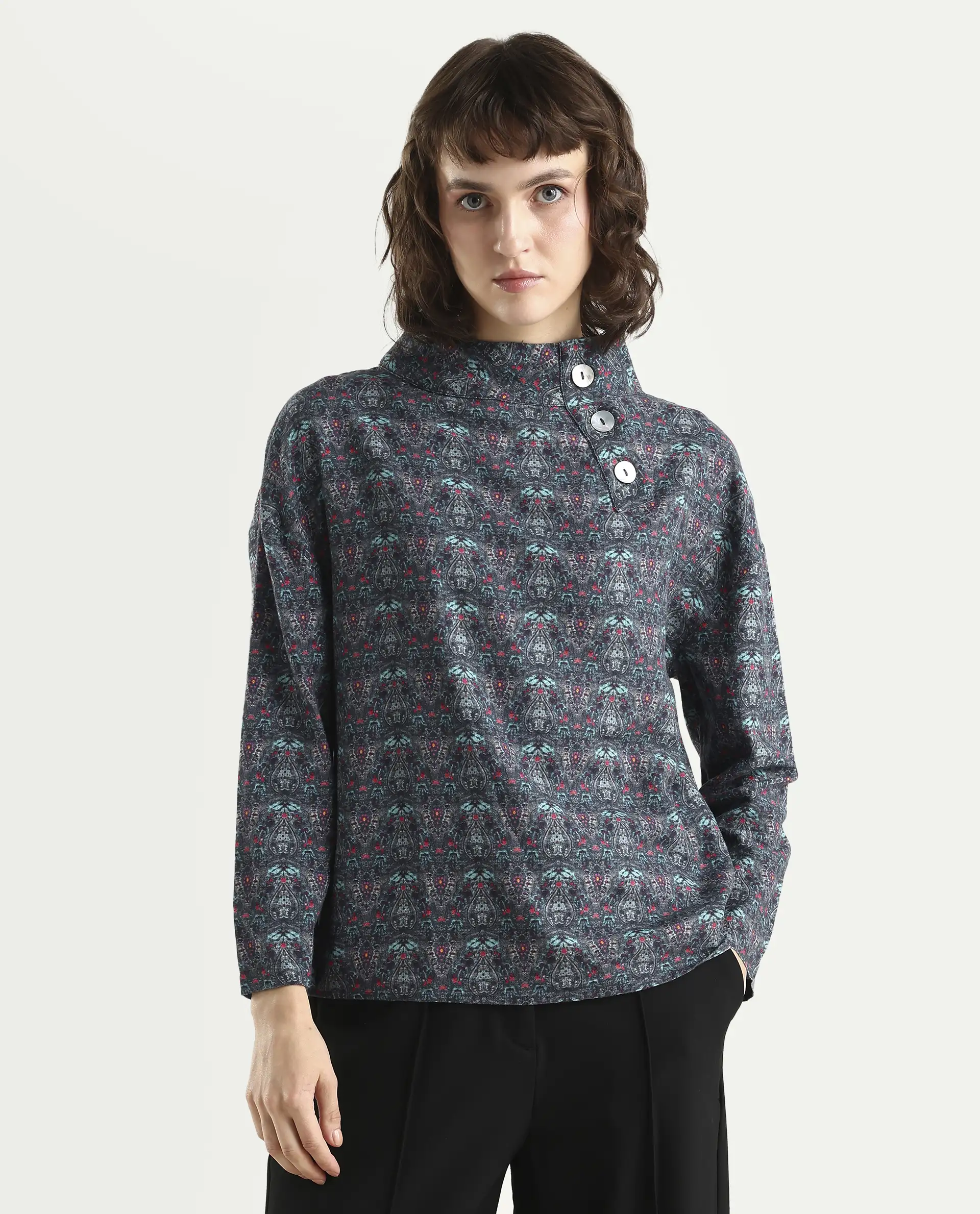 Rareism Women's Summary Grey Linen High Neck Geometric Print Tailored Top - Image 3