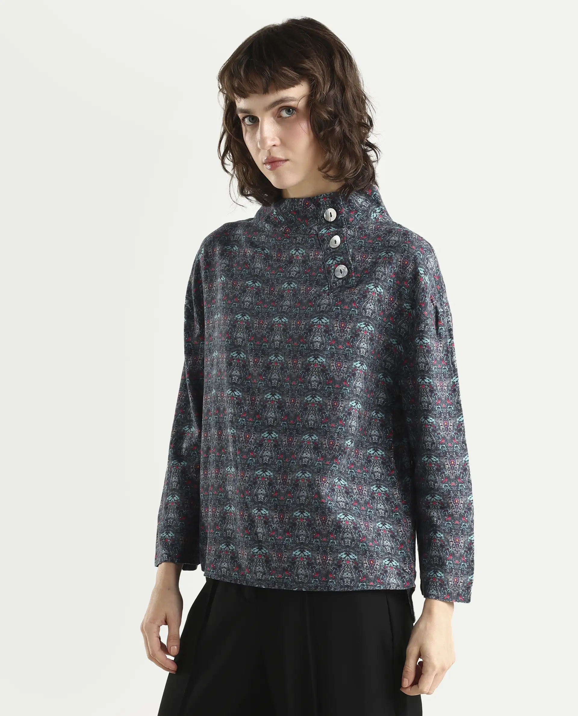 Rareism Women's Summary Grey Linen High Neck Geometric Print Tailored Top - Image 5
