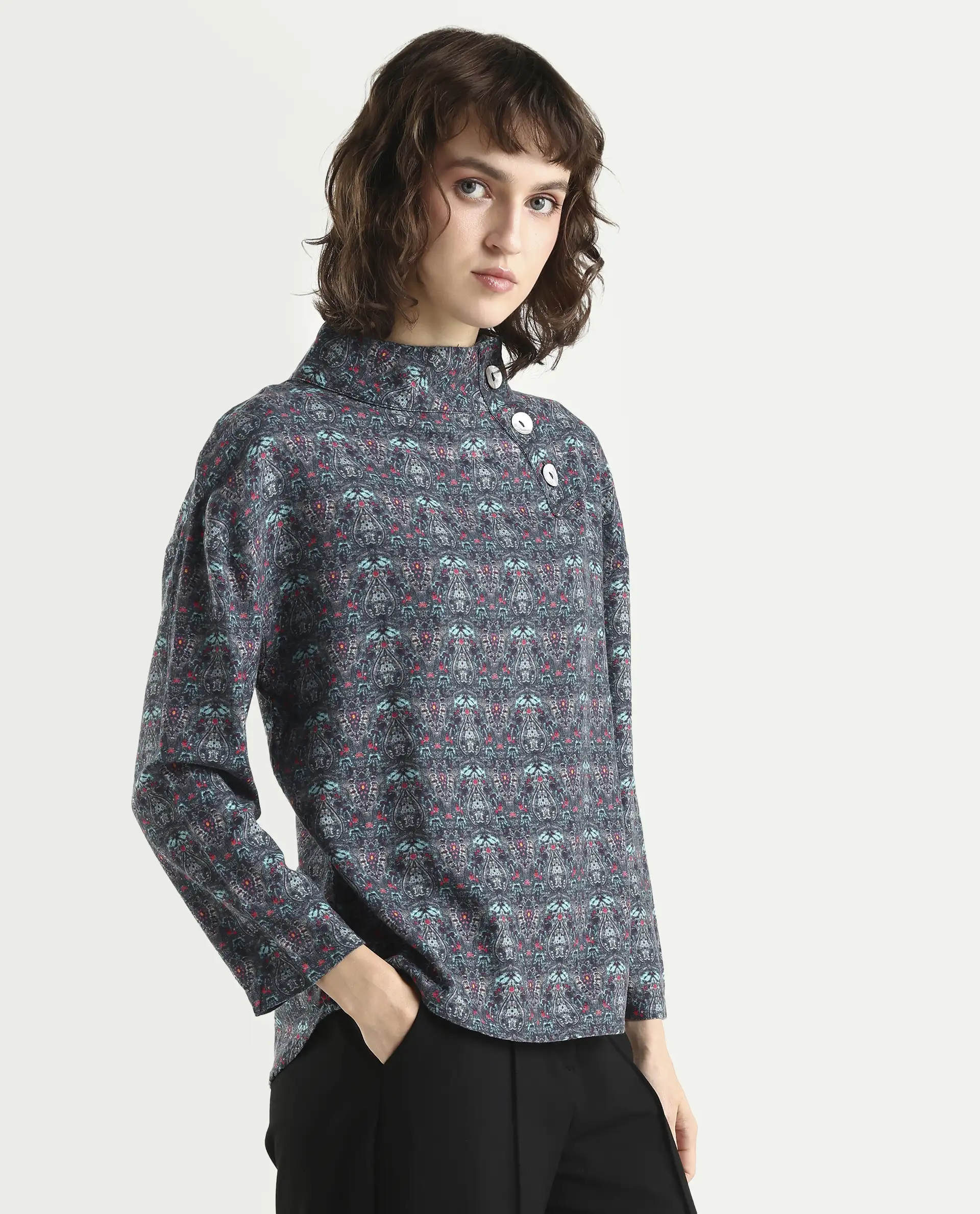 Rareism Women's Summary Grey Linen High Neck Geometric Print Tailored Top - Image 6
