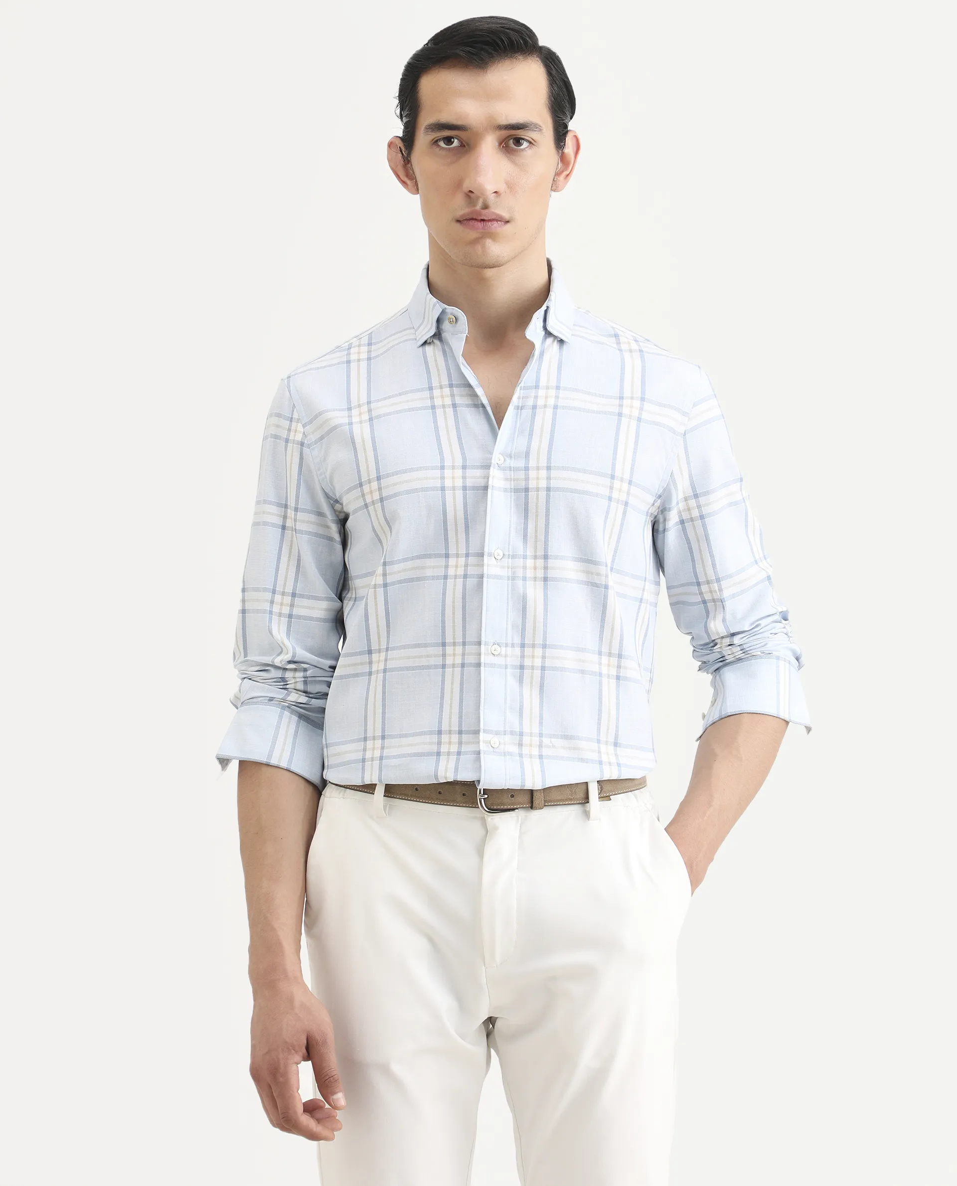 Rare Rabbit Men's Suni Light Blue Cotton Fabric Collared Neck Regular Checked Shirt - Image 3