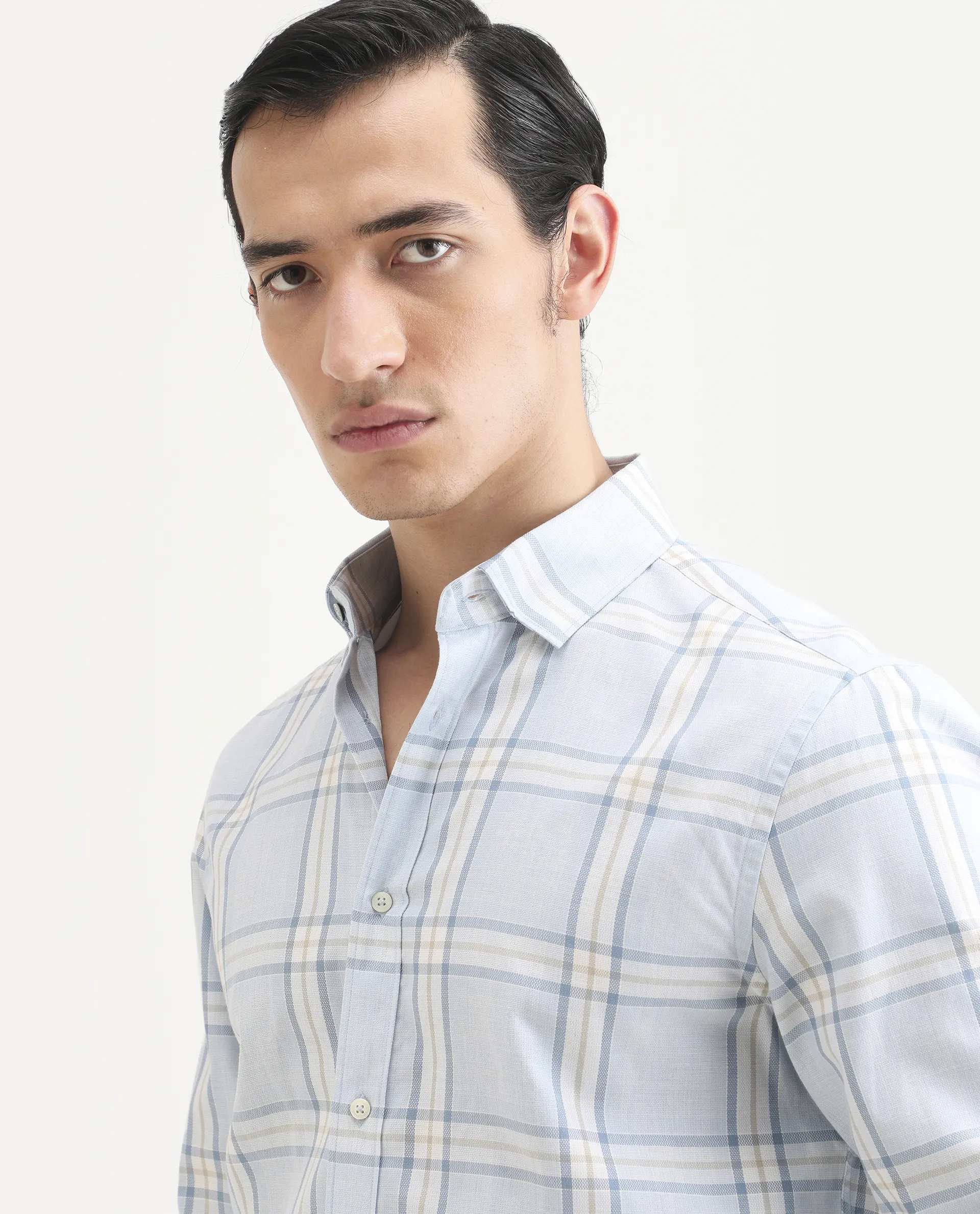 Rare Rabbit Men's Suni Light Blue Cotton Fabric Collared Neck Regular Checked Shirt - Image 4