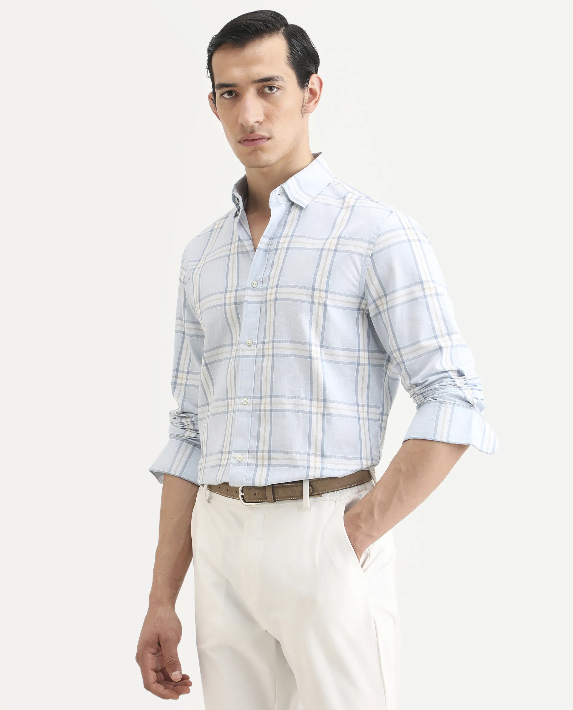 Rare Rabbit Men's Suni Light Blue Cotton Fabric Collared Neck Regular Checked Shirt - Image 5