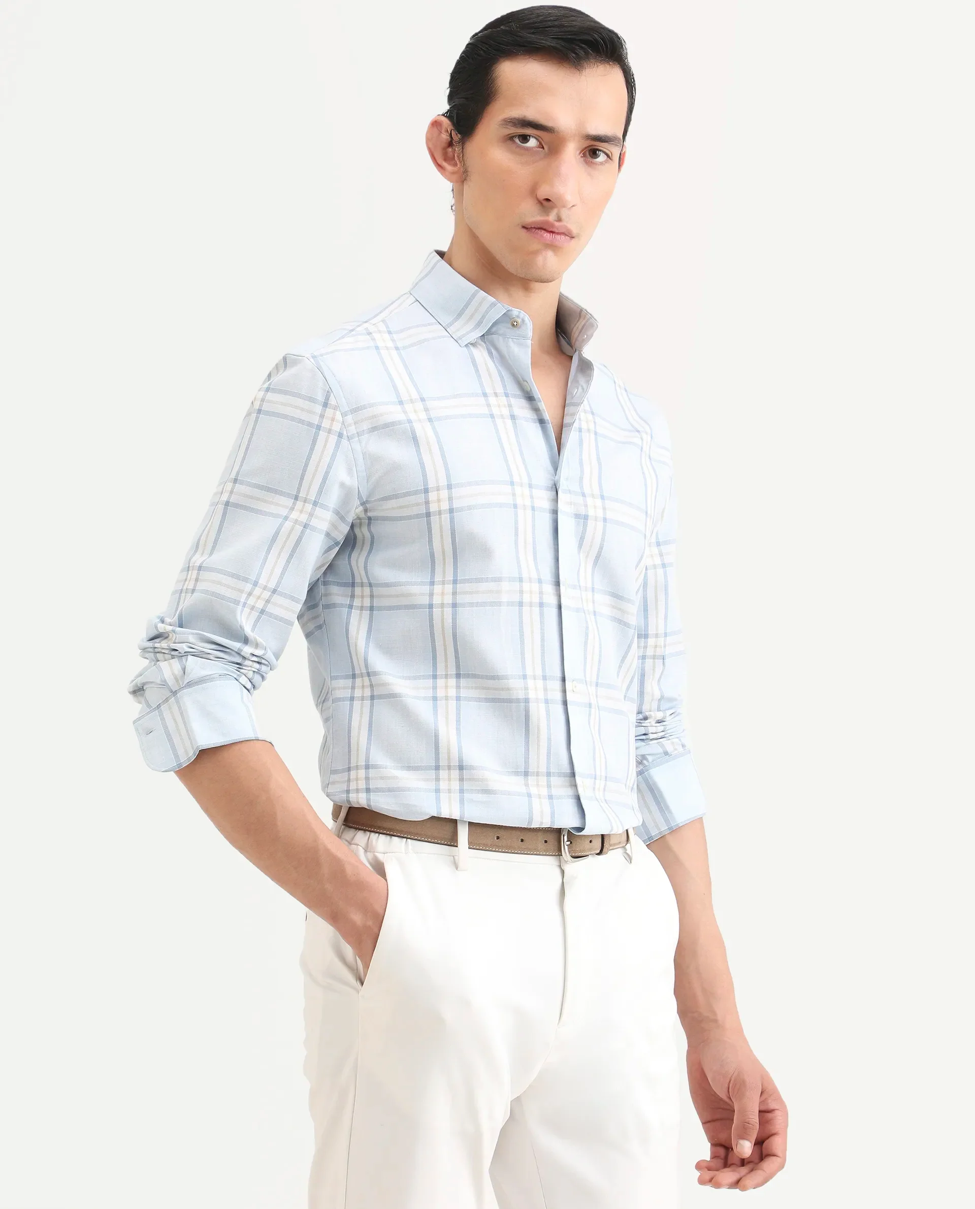 Rare Rabbit Men's Suni Light Blue Cotton Fabric Collared Neck Regular Checked Shirt - Image 6