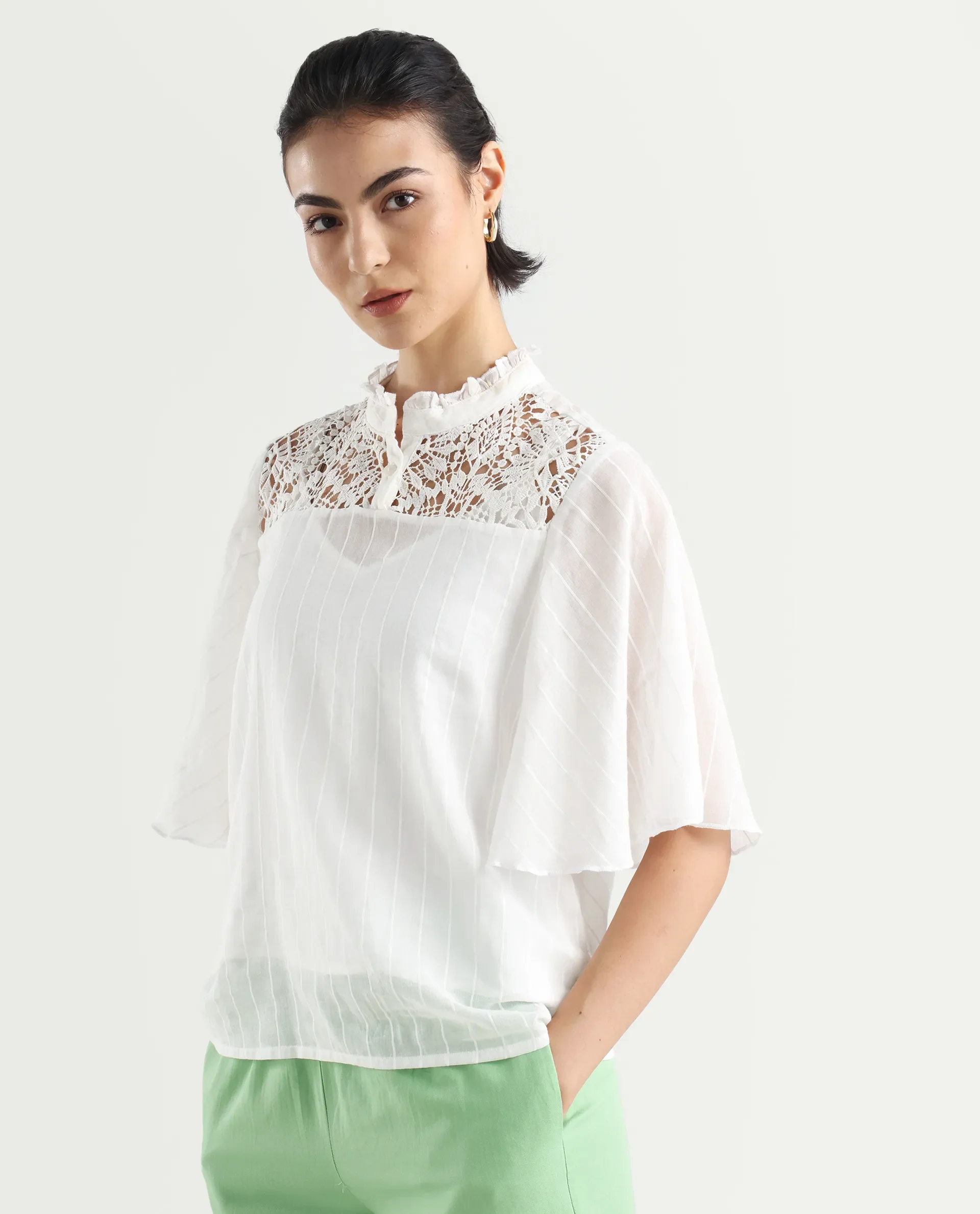 Rareism Women's Sura Off White Cotton Sweetheart Neck Plain Bell Sleeve Regular Fit Top - Image 5