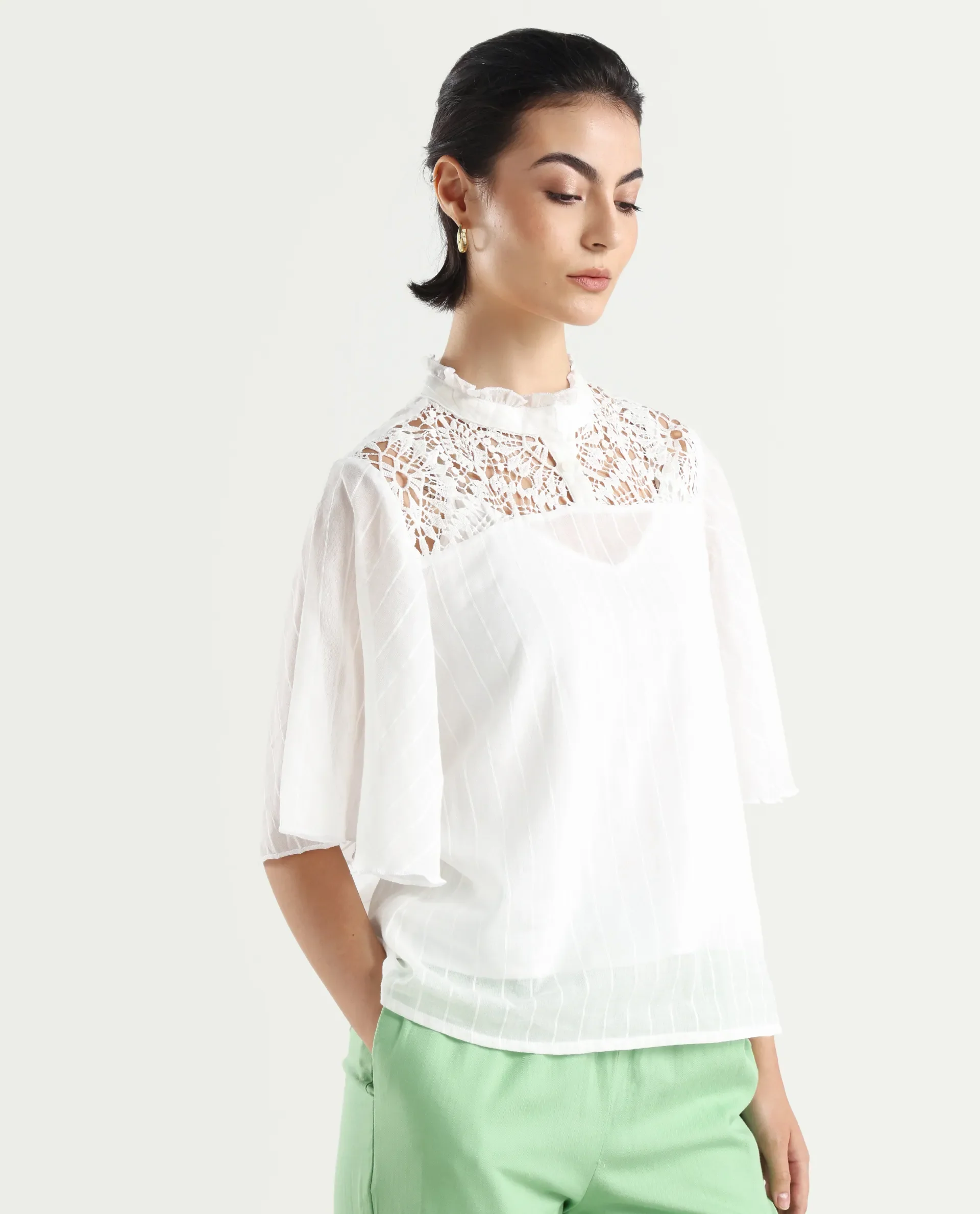 Rareism Women's Sura Off White Cotton Sweetheart Neck Plain Bell Sleeve Regular Fit Top - Image 6