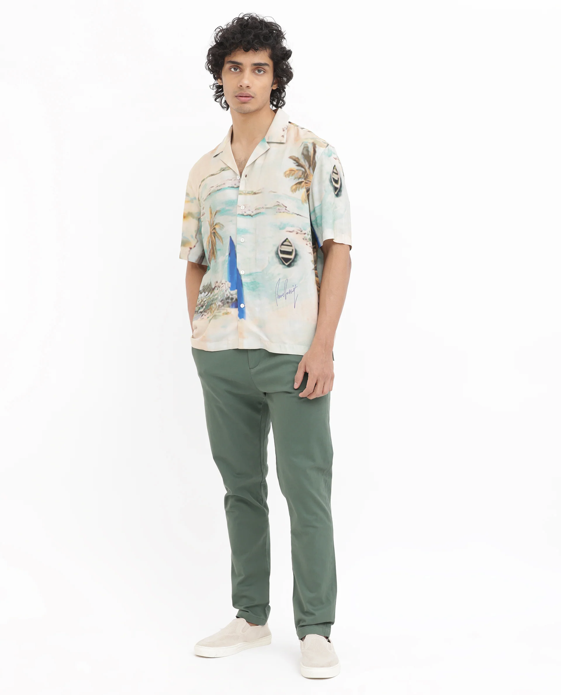 Rare Rabbit Men's Surfer Beige Viscose Tropical Print Boxy Fit Half Sleeve Cuban Collar Shirt - Image 2