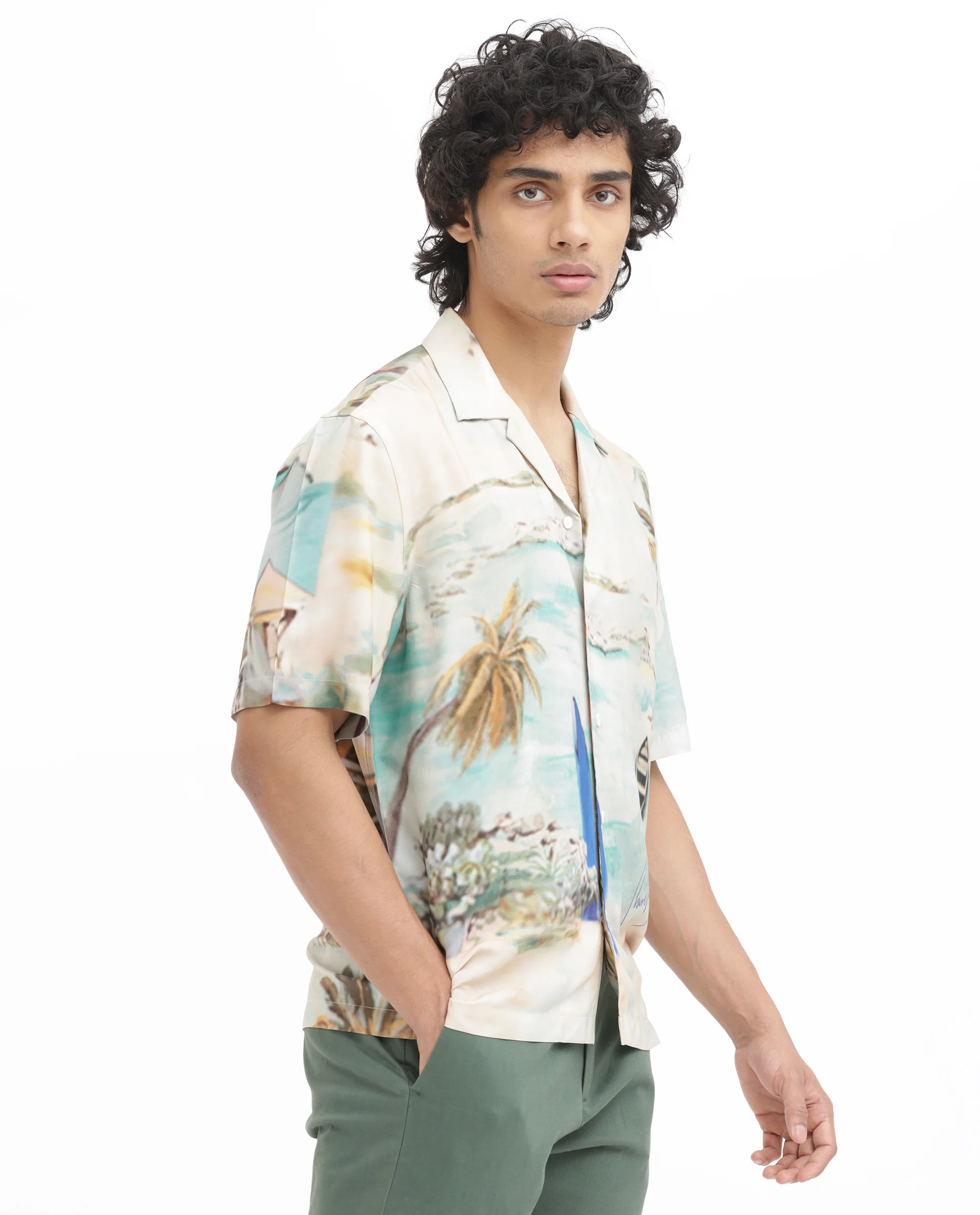 Rare Rabbit Men's Surfer Beige Viscose Tropical Print Boxy Fit Half Sleeve Cuban Collar Shirt - Image 3