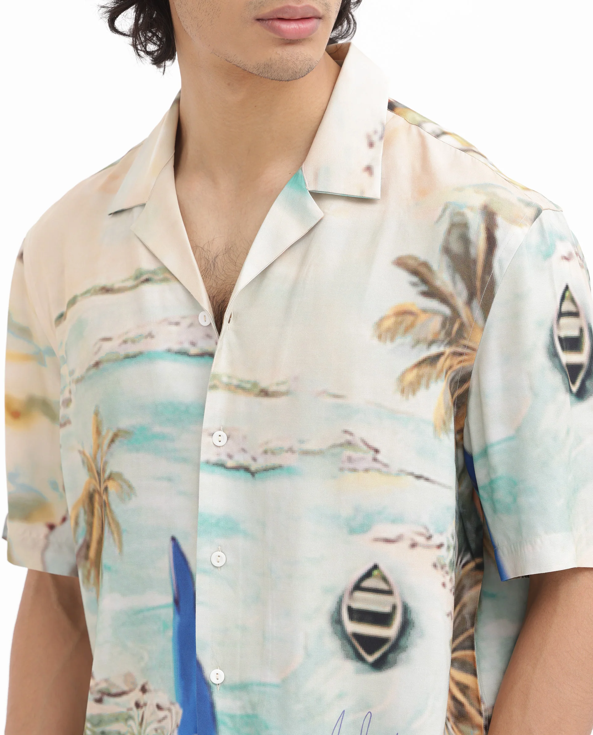 Rare Rabbit Men's Surfer Beige Viscose Tropical Print Boxy Fit Half Sleeve Cuban Collar Shirt - Image 4