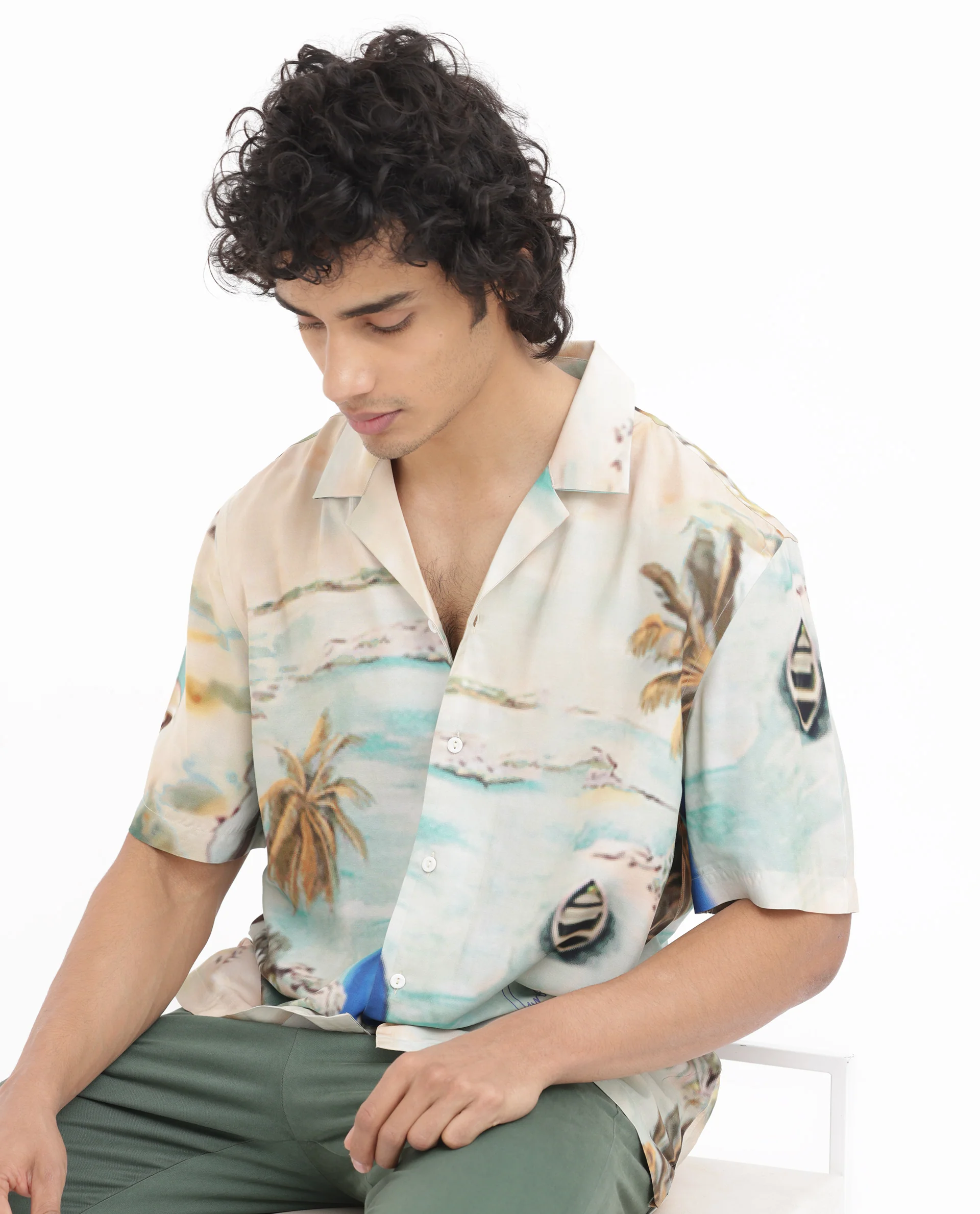Rare Rabbit Men's Surfer Beige Viscose Tropical Print Boxy Fit Half Sleeve Cuban Collar Shirt - Image 5
