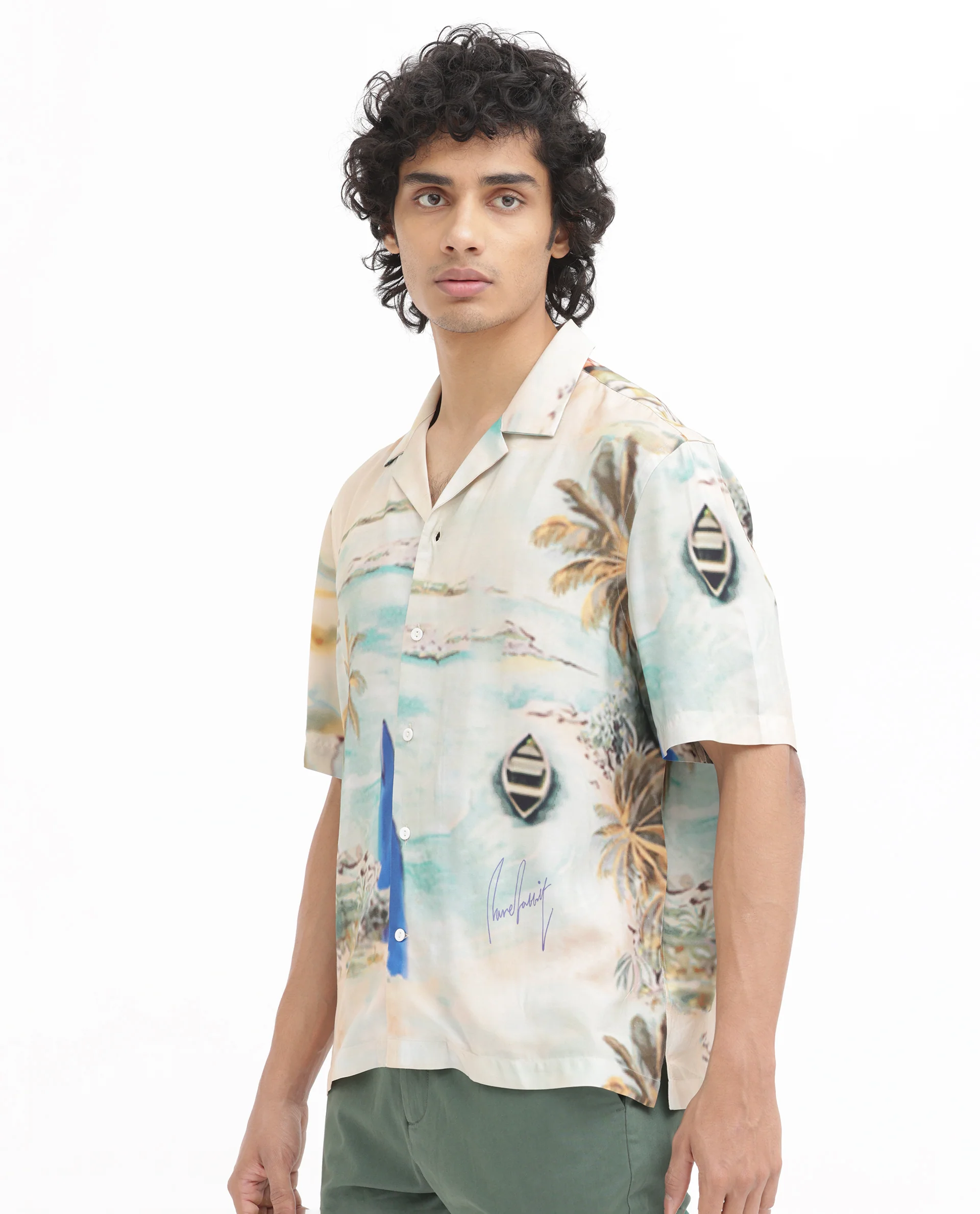 Rare Rabbit Men's Surfer Beige Viscose Tropical Print Boxy Fit Half Sleeve Cuban Collar Shirt - Image 6
