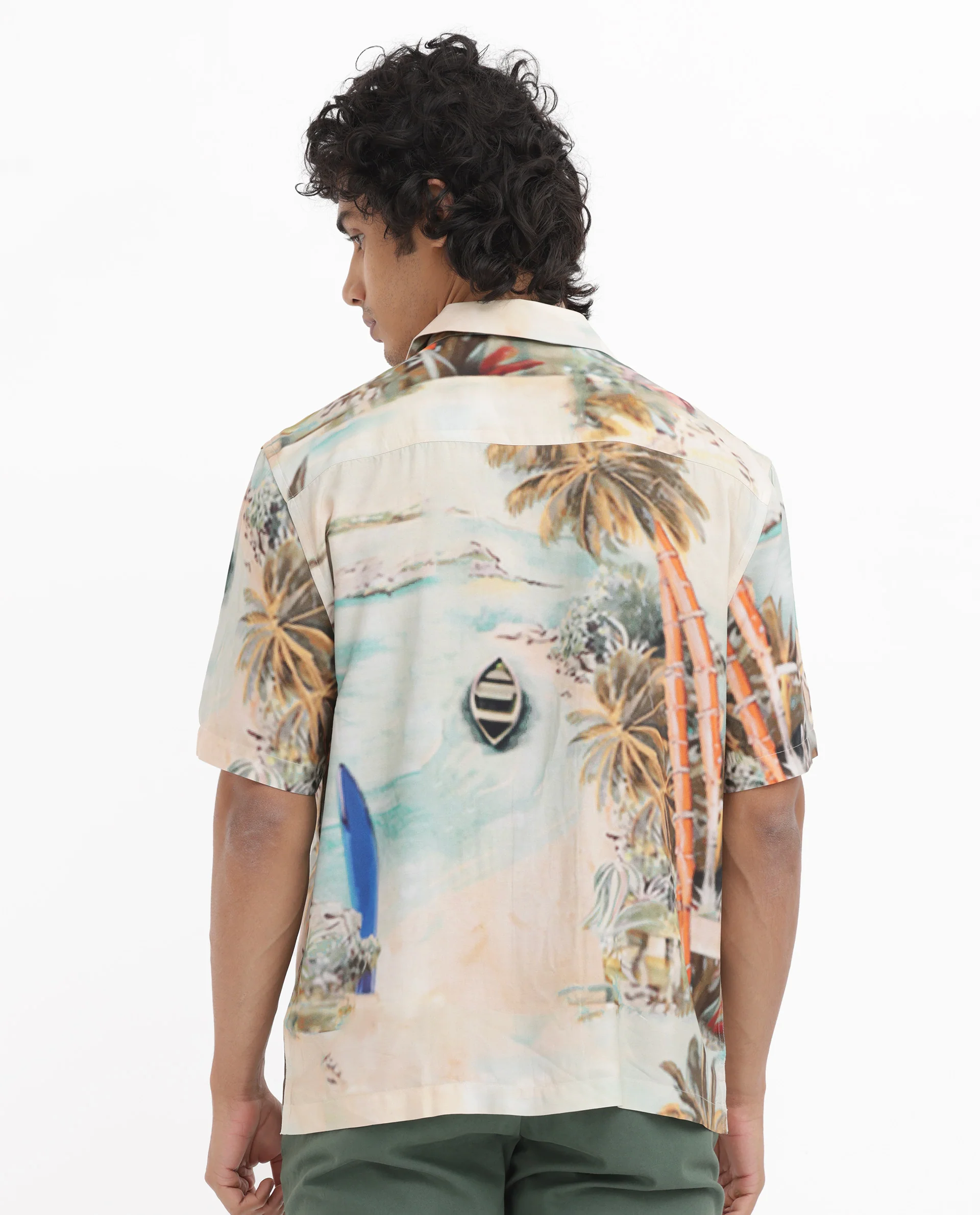 Rare Rabbit Men's Surfer Beige Viscose Tropical Print Boxy Fit Half Sleeve Cuban Collar Shirt - Image 7