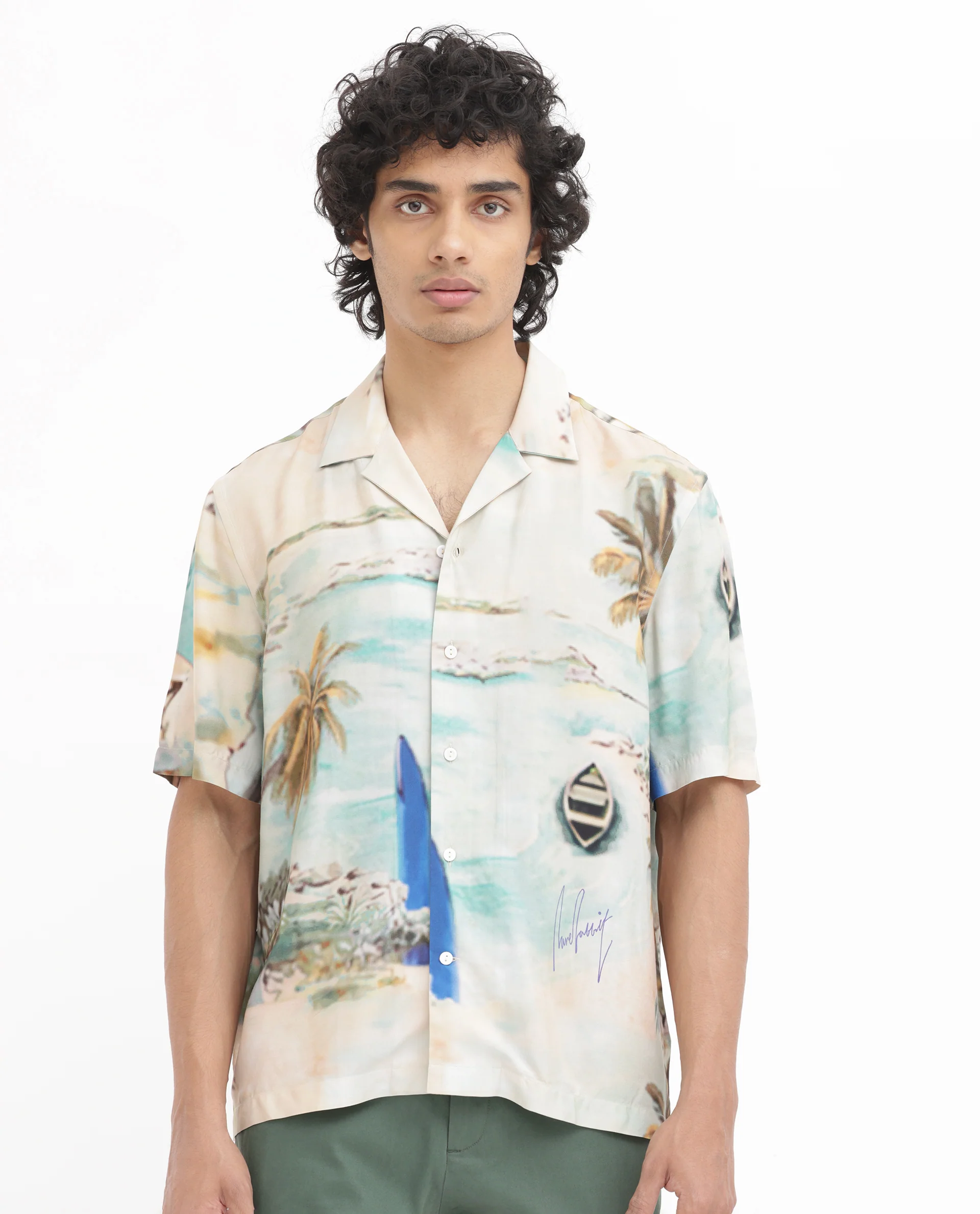 Rare Rabbit Men's Surfer Beige Viscose Tropical Print Boxy Fit Half Sleeve Cuban Collar Shirt - Image 8