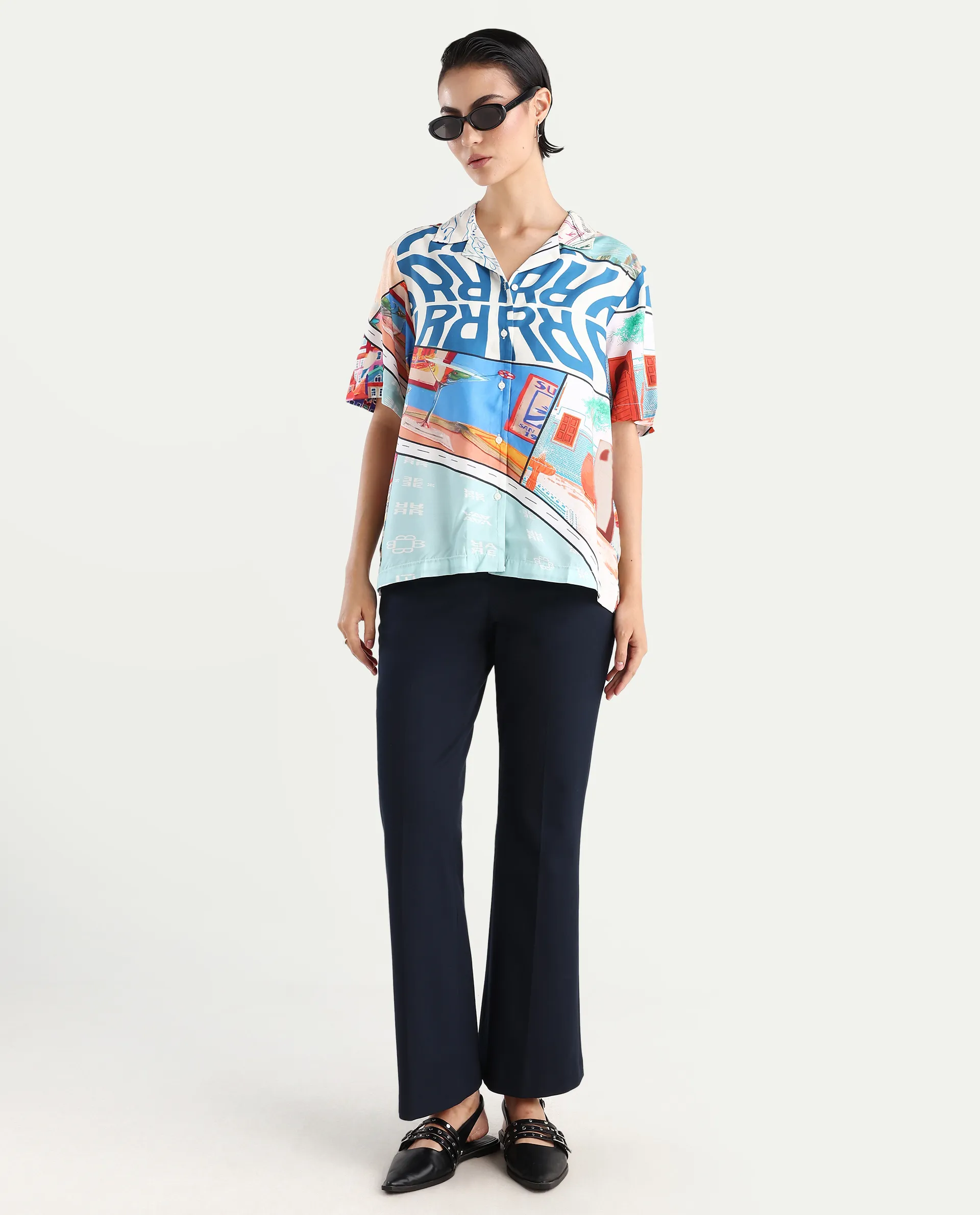 Rareism Women's Surfer Light Multi Viscose Spread Collar Abstract Print Relaxed Fit Top - Image 2