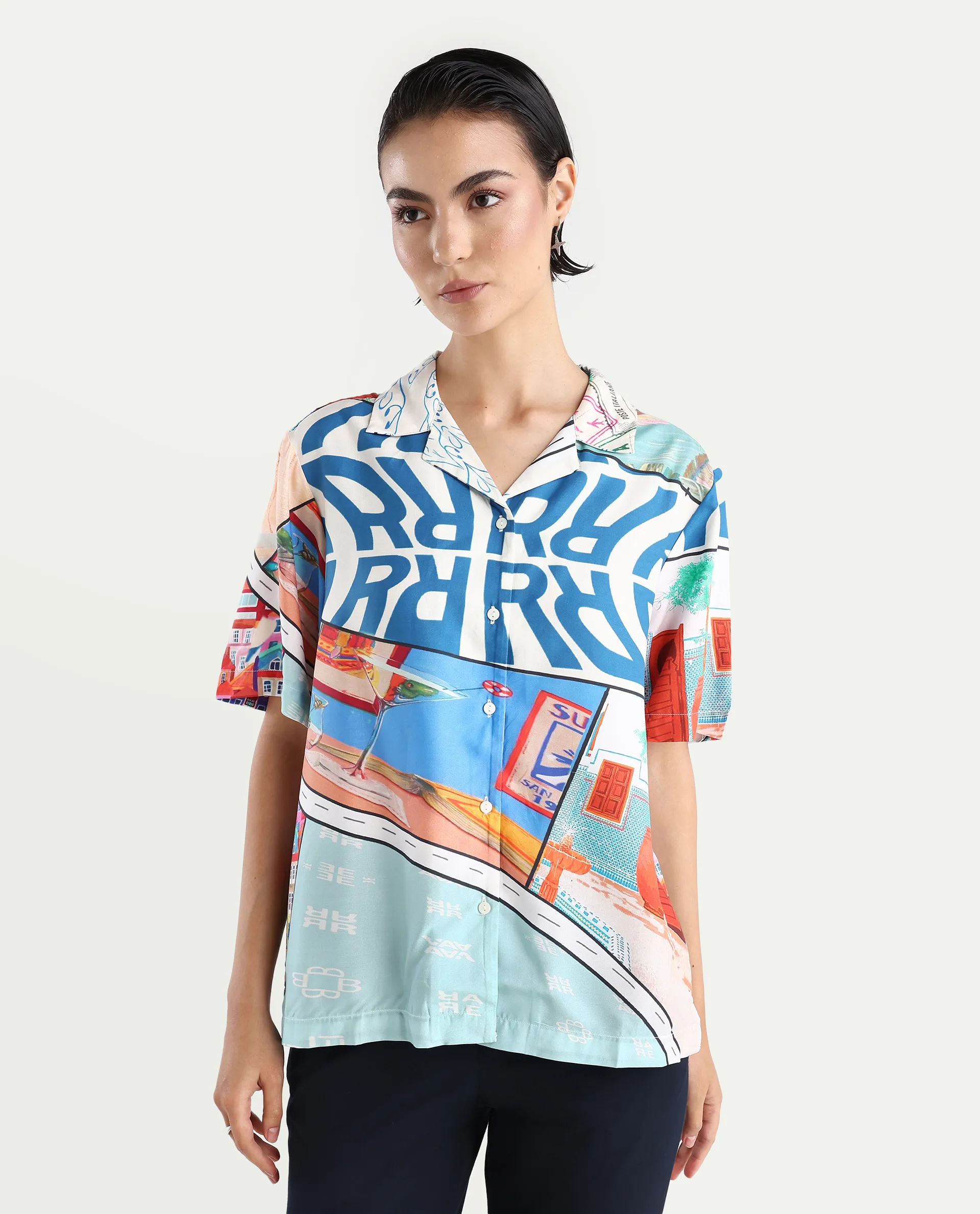 Rareism Women's Surfer Light Multi Viscose Spread Collar Abstract Print Relaxed Fit Top - Image 3