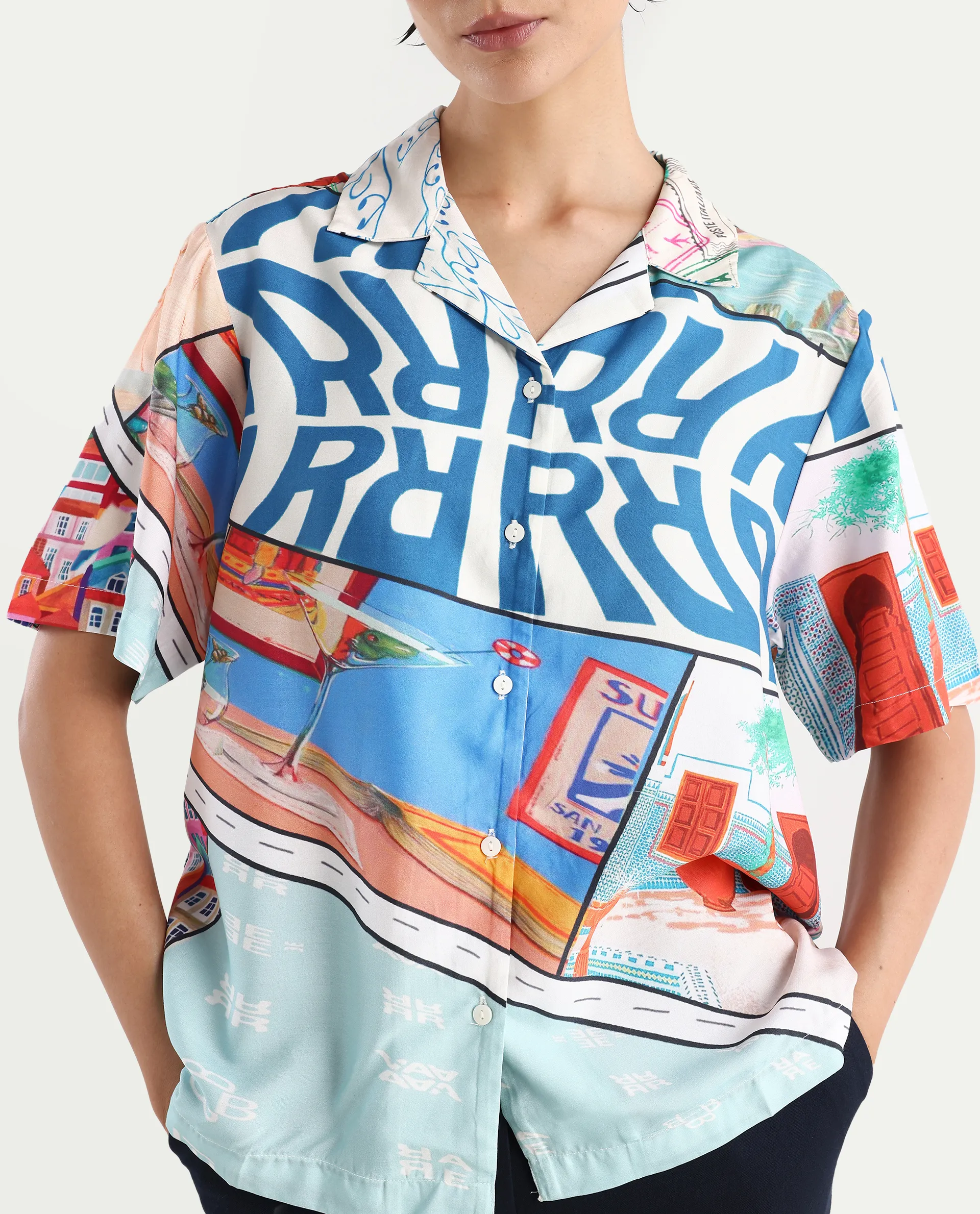 Rareism Women's Surfer Light Multi Viscose Spread Collar Abstract Print Relaxed Fit Top - Image 4