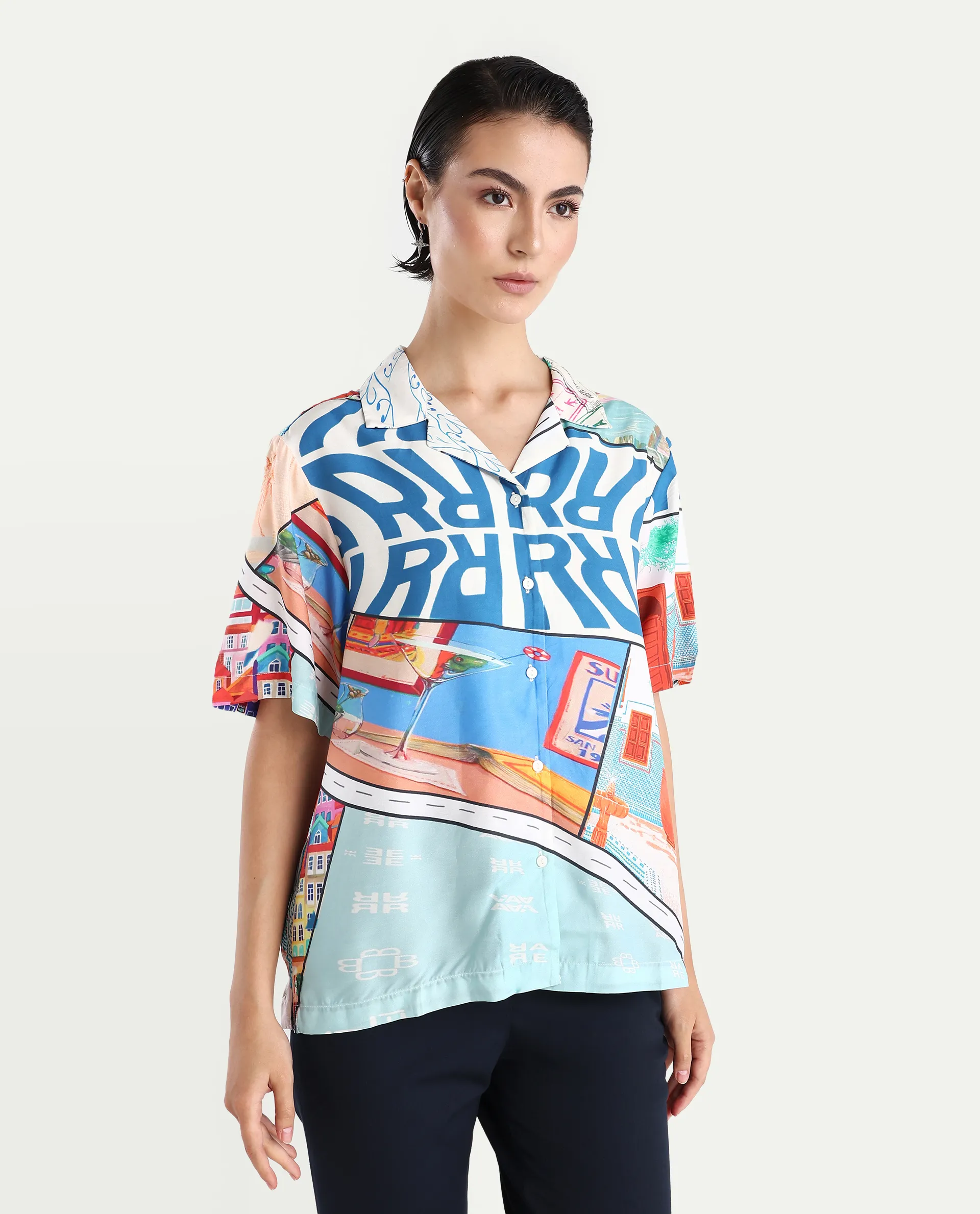 Rareism Women's Surfer Light Multi Viscose Spread Collar Abstract Print Relaxed Fit Top - Image 6