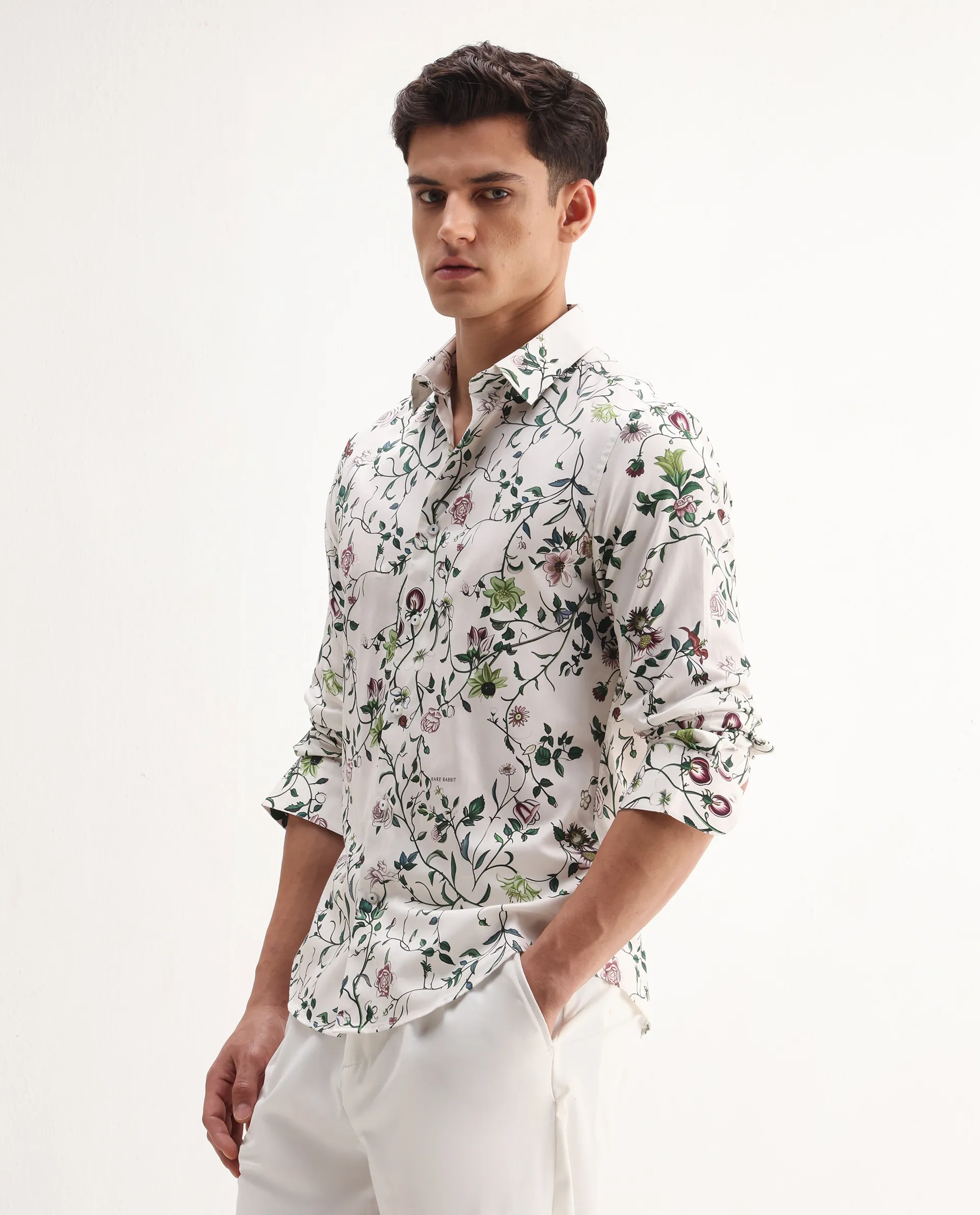 Rare Rabbit Men's Surn Off White Cotton Tropical Print Regular Fit Full Sleeve Collared Shirt - Image 4