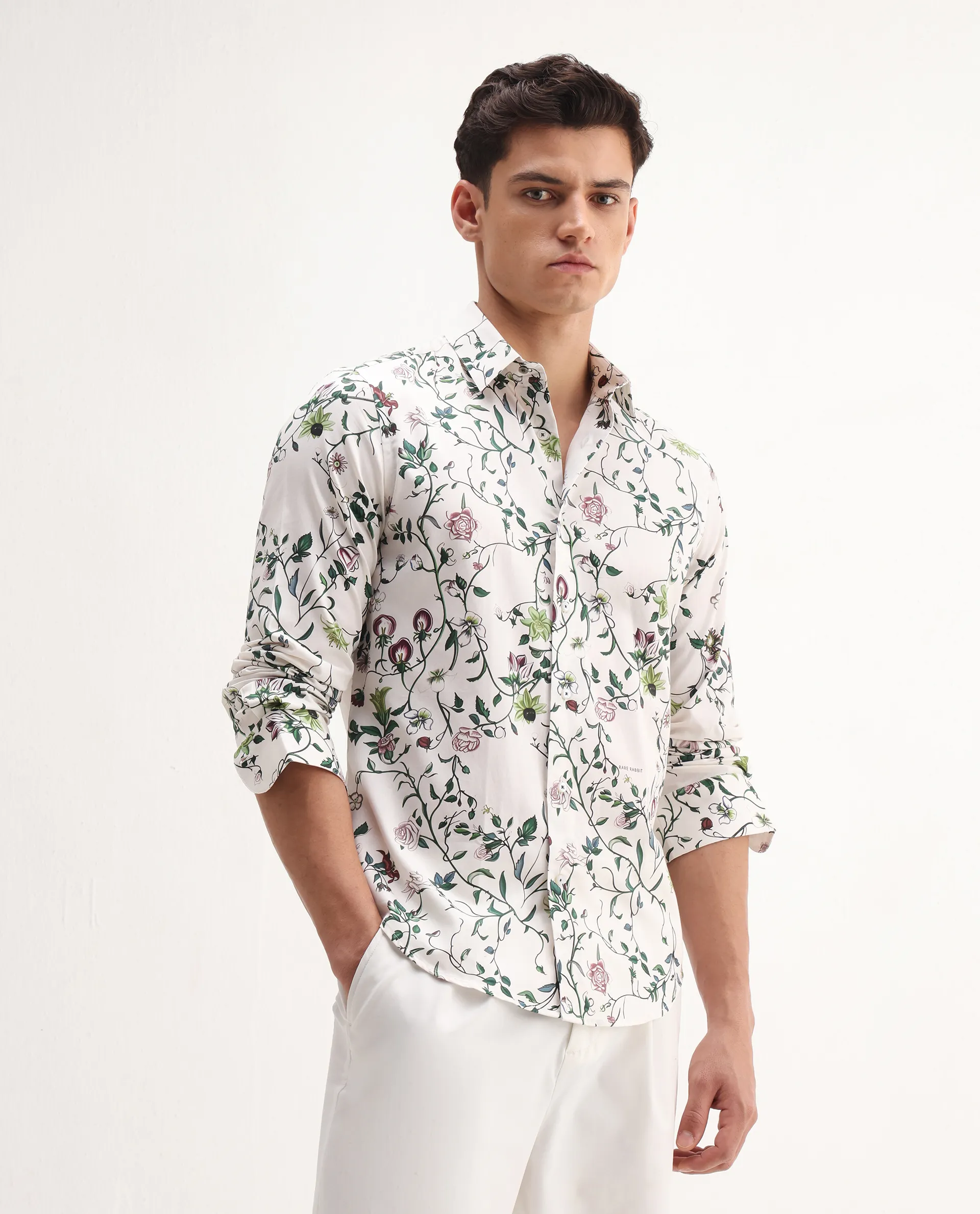 Rare Rabbit Men's Surn Off White Cotton Tropical Print Regular Fit Full Sleeve Collared Shirt - Image 5