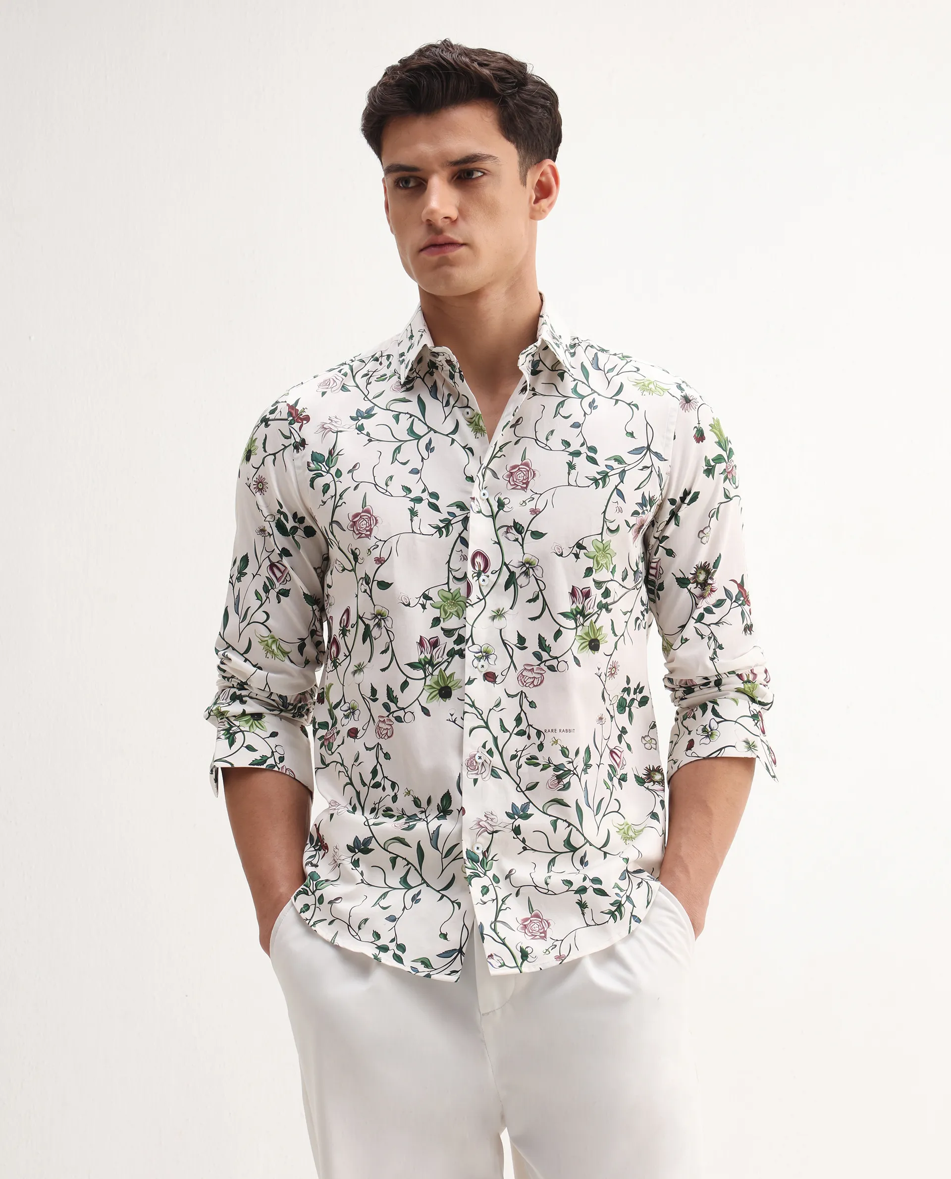 Rare Rabbit Men's Surn Off White Cotton Tropical Print Regular Fit Full Sleeve Collared Shirt - Image 6