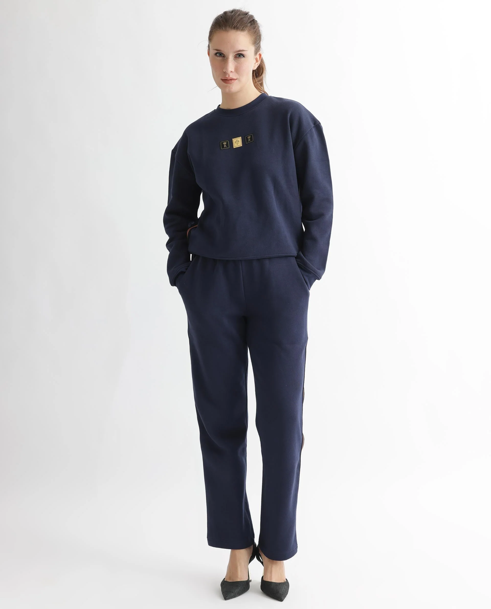 Rareism Women's Suzie Navy Polyester Blend Crew Neck Graphic Print Cuffed Sleeve Relaxed Fit Sweatshirt - Image 2
