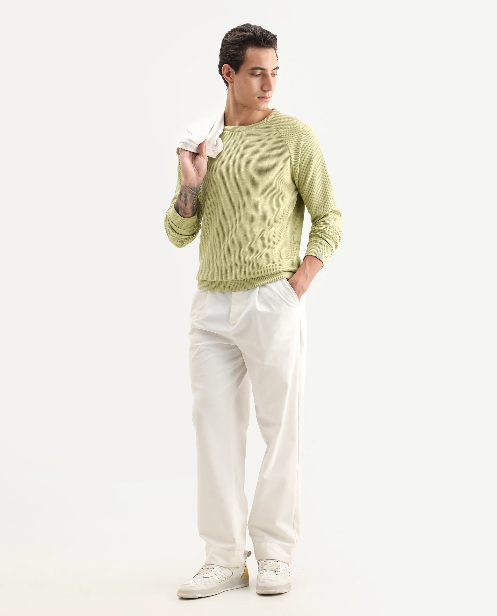 Rare Rabbit Men's Sven Pastel Green Cotton Plain Regular Fit Full Sleeve Crew Neck Sweatshirt - Image 2