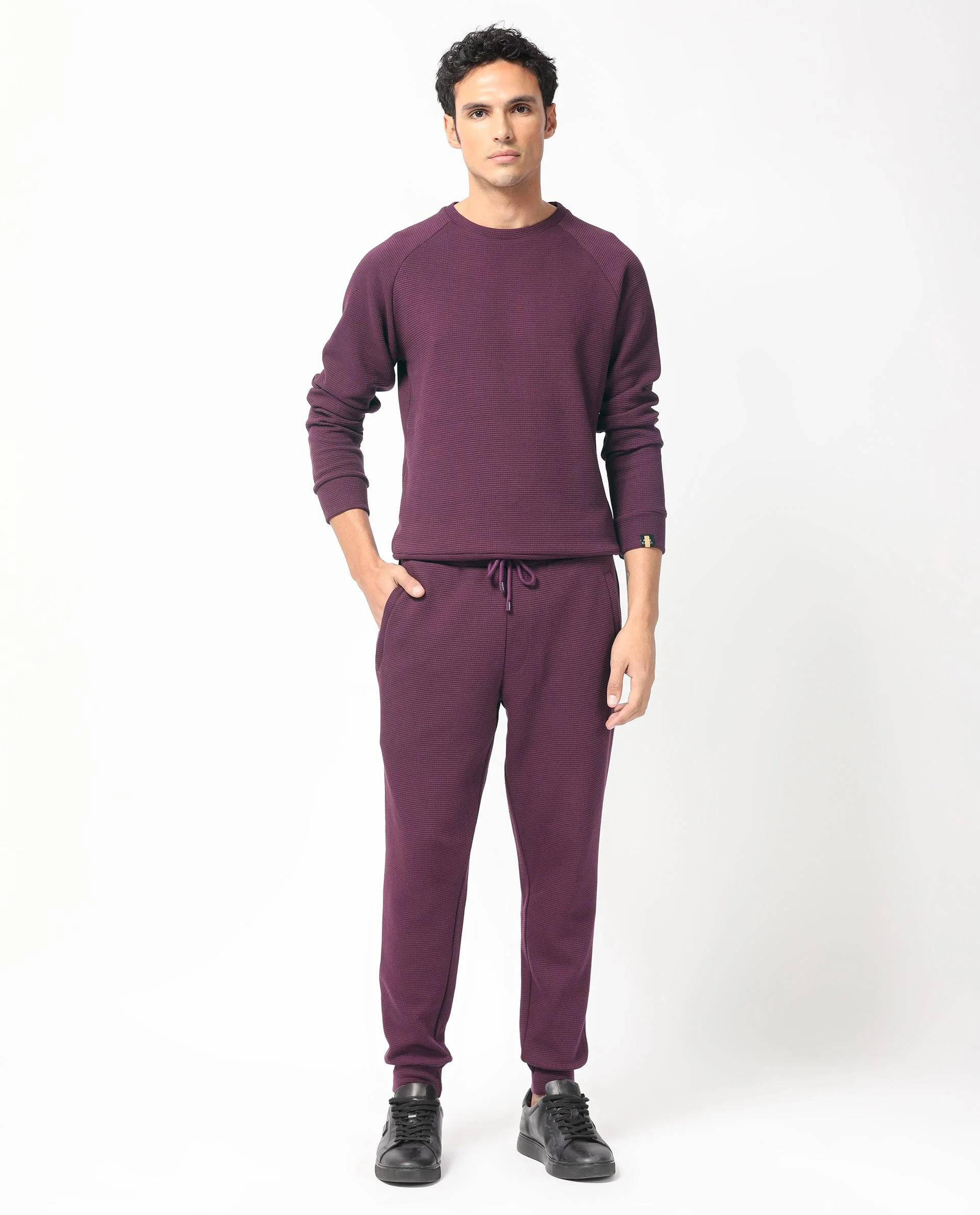 Rare Rabbit Men's Sven Purple Cotton Plain Regular Fit Full Sleeve Crew Neck Sweatshirt - Image 4