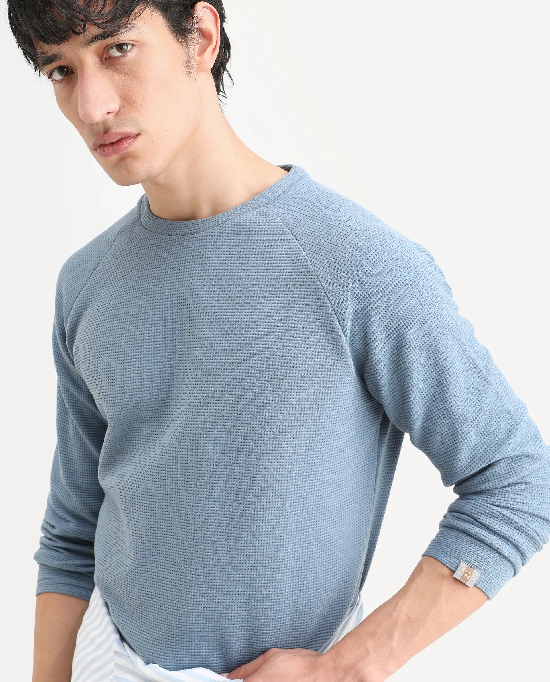 Rare Rabbit Men's Sven Teal Cotton Plain Regular Fit Full Sleeve Crew Neck Sweatshirt