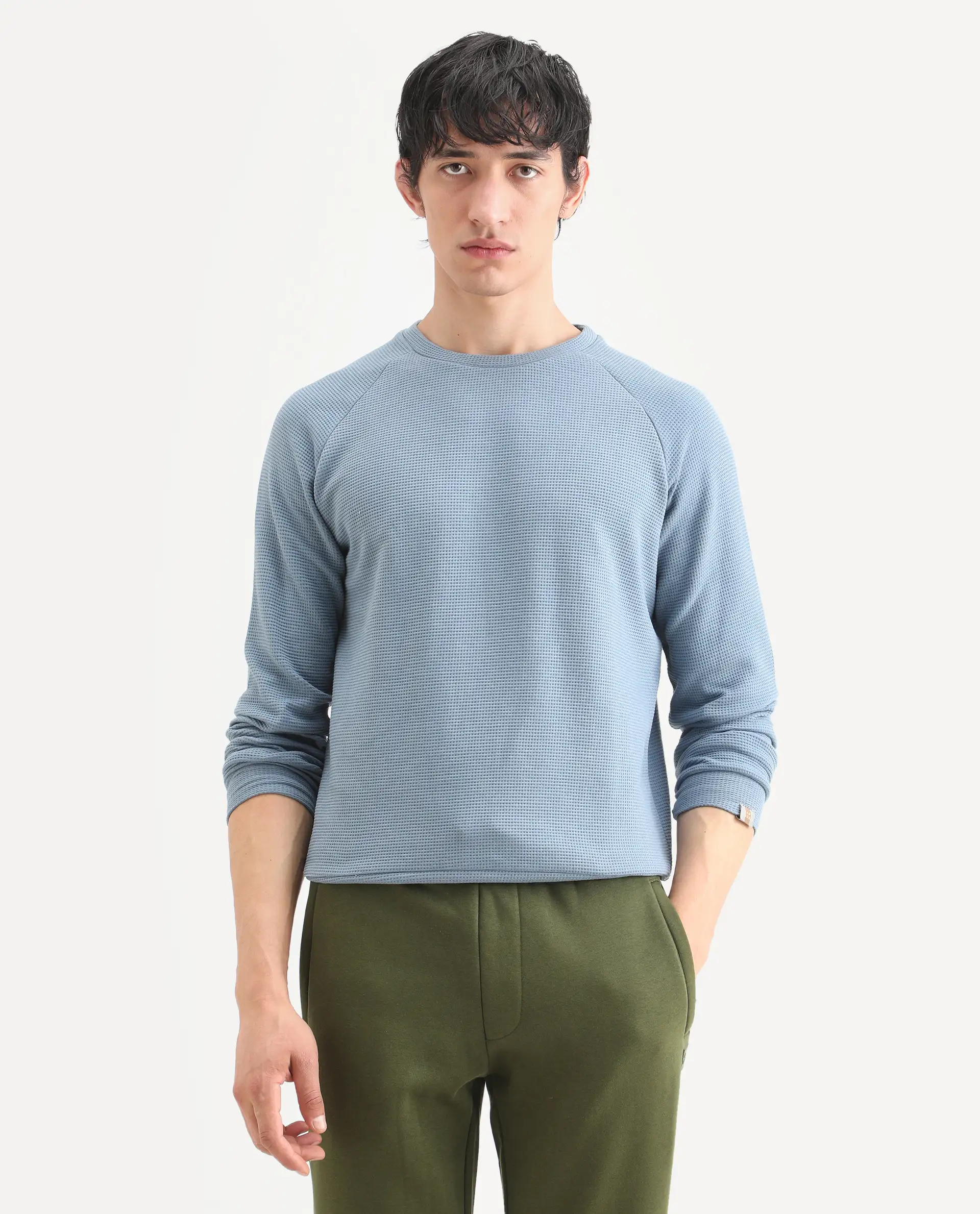 Rare Rabbit Men's Sven Teal Cotton Plain Regular Fit Full Sleeve Crew Neck Sweatshirt - Image 3